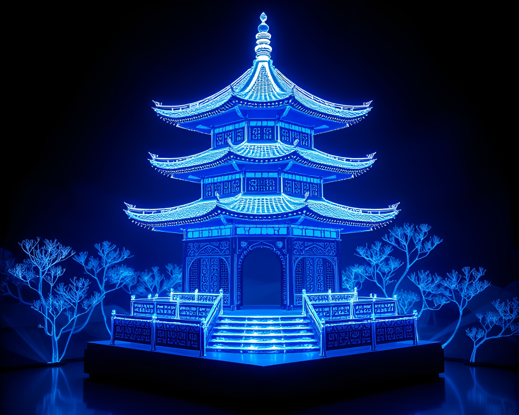 Fractal Pagoda in Arctic Blue LED Light Art – free AI stock image