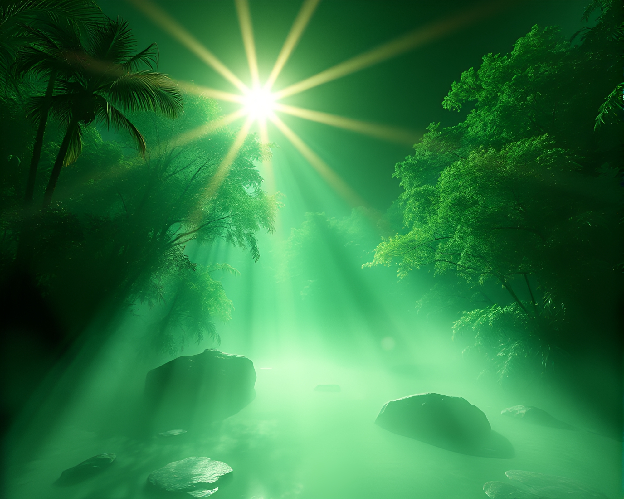 Backscatter Flare in Rainforest Green Haze 3D – free AI stock image