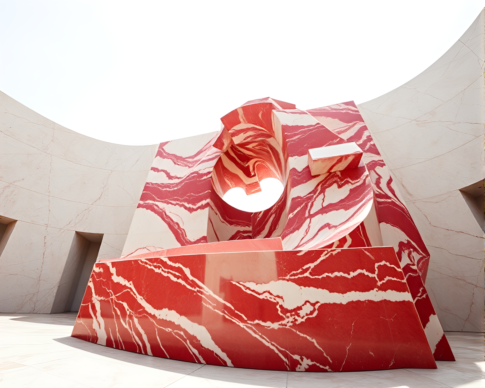 Wide-Angle View of Monochrome Red Marble Sculpture – free AI stock image