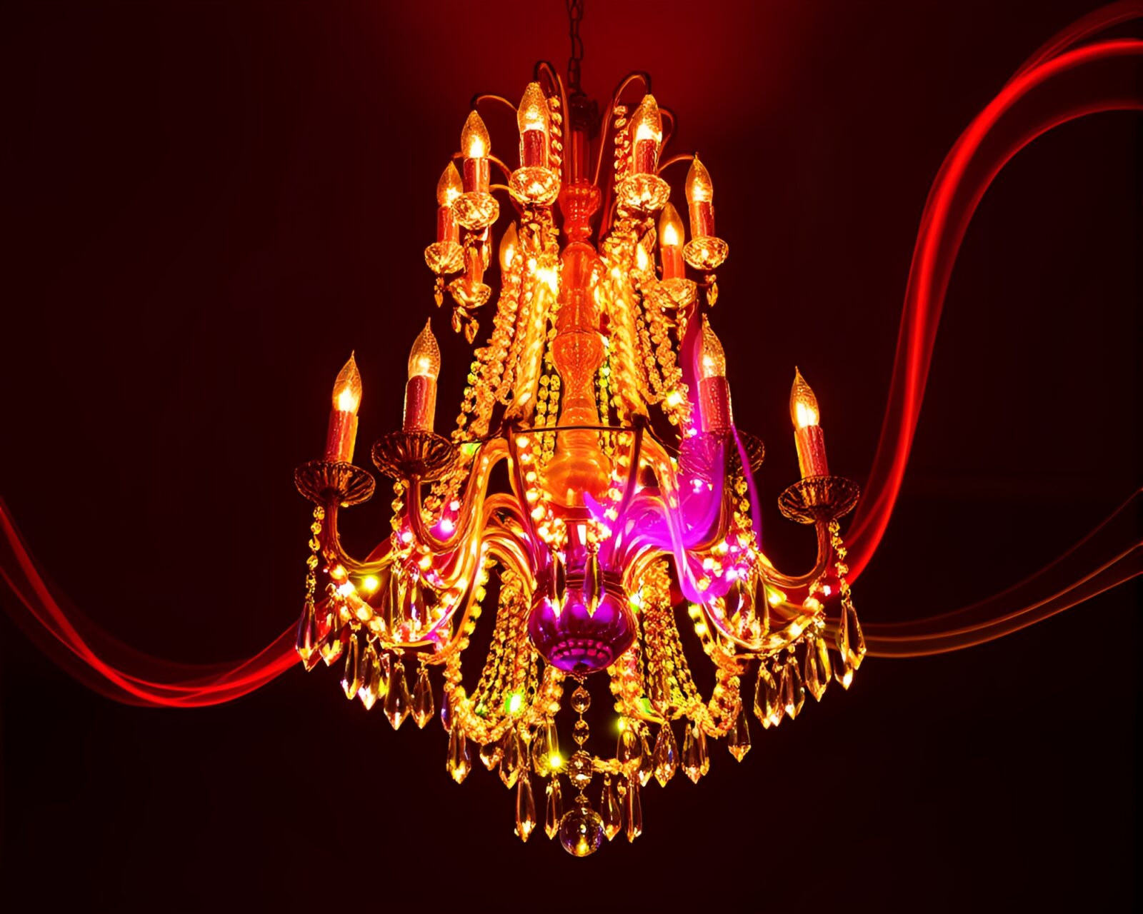 Gorgeous chandelier amidst colorful thermal light trails in impasto style
