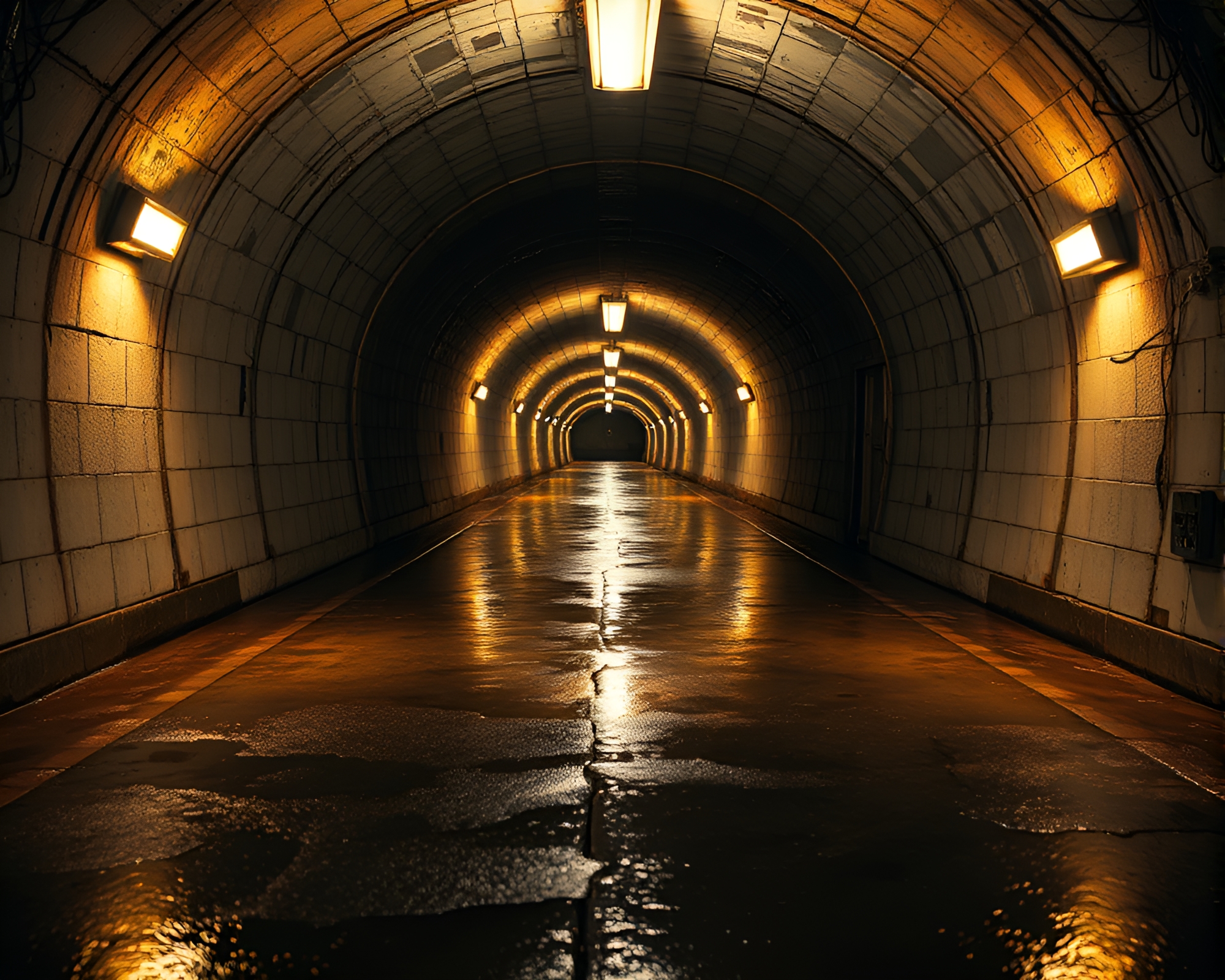 Bronze Sheen Illuminates Underground Bunker with Wet Pavement – free AI stock image