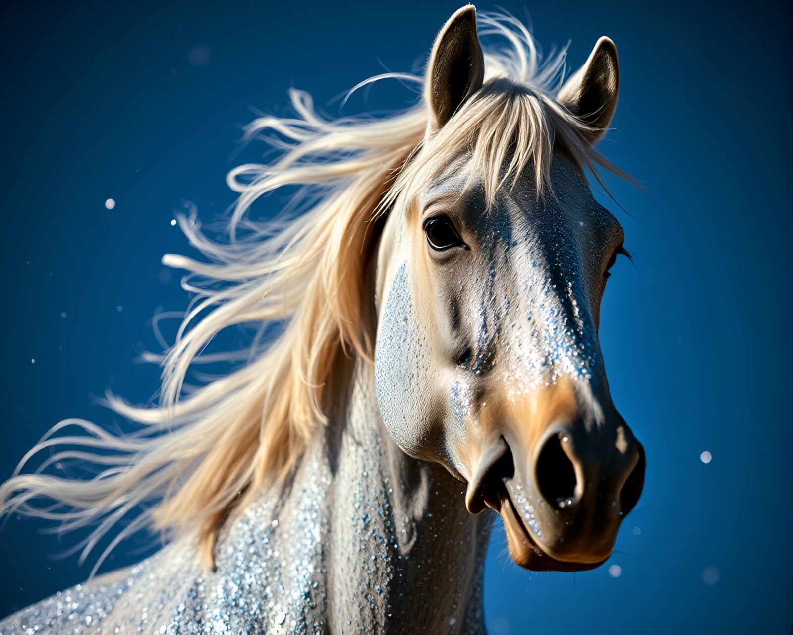 Glowing wild horse standing under shimmering metallic sky