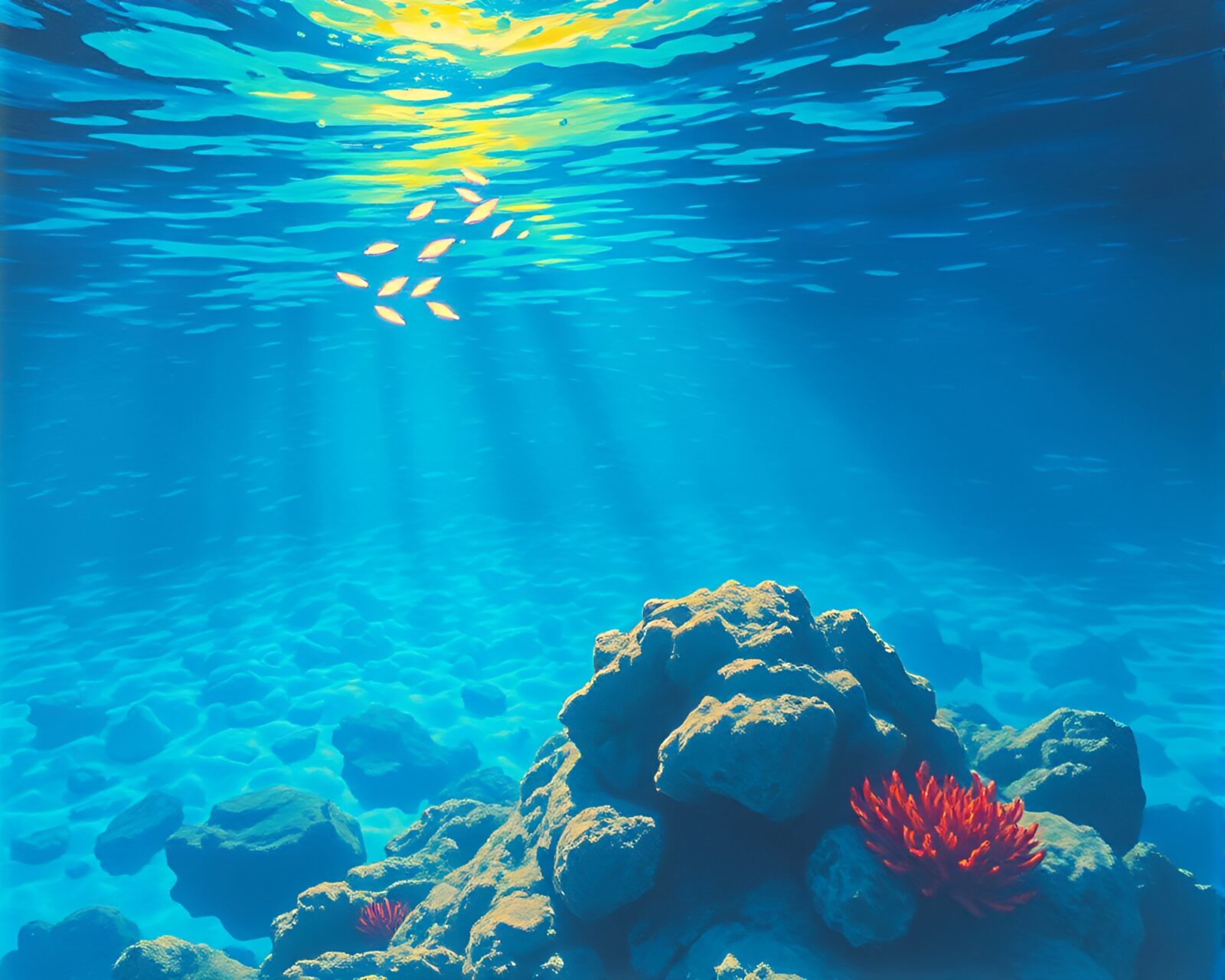 Underwater reef glowing under pixelated scan lines with rim lighting