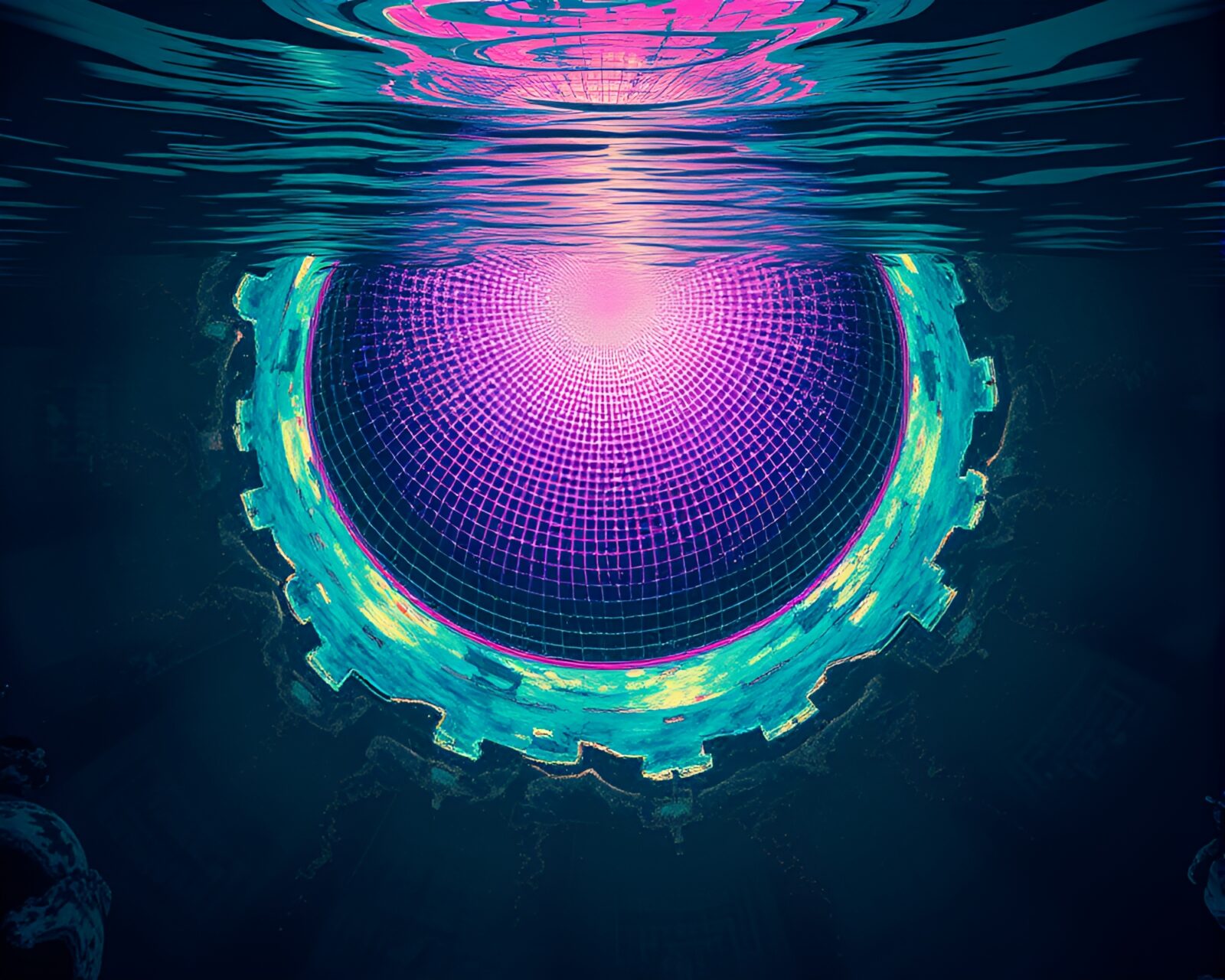 Colorful fractal artwork in underwater setting with halftone grid