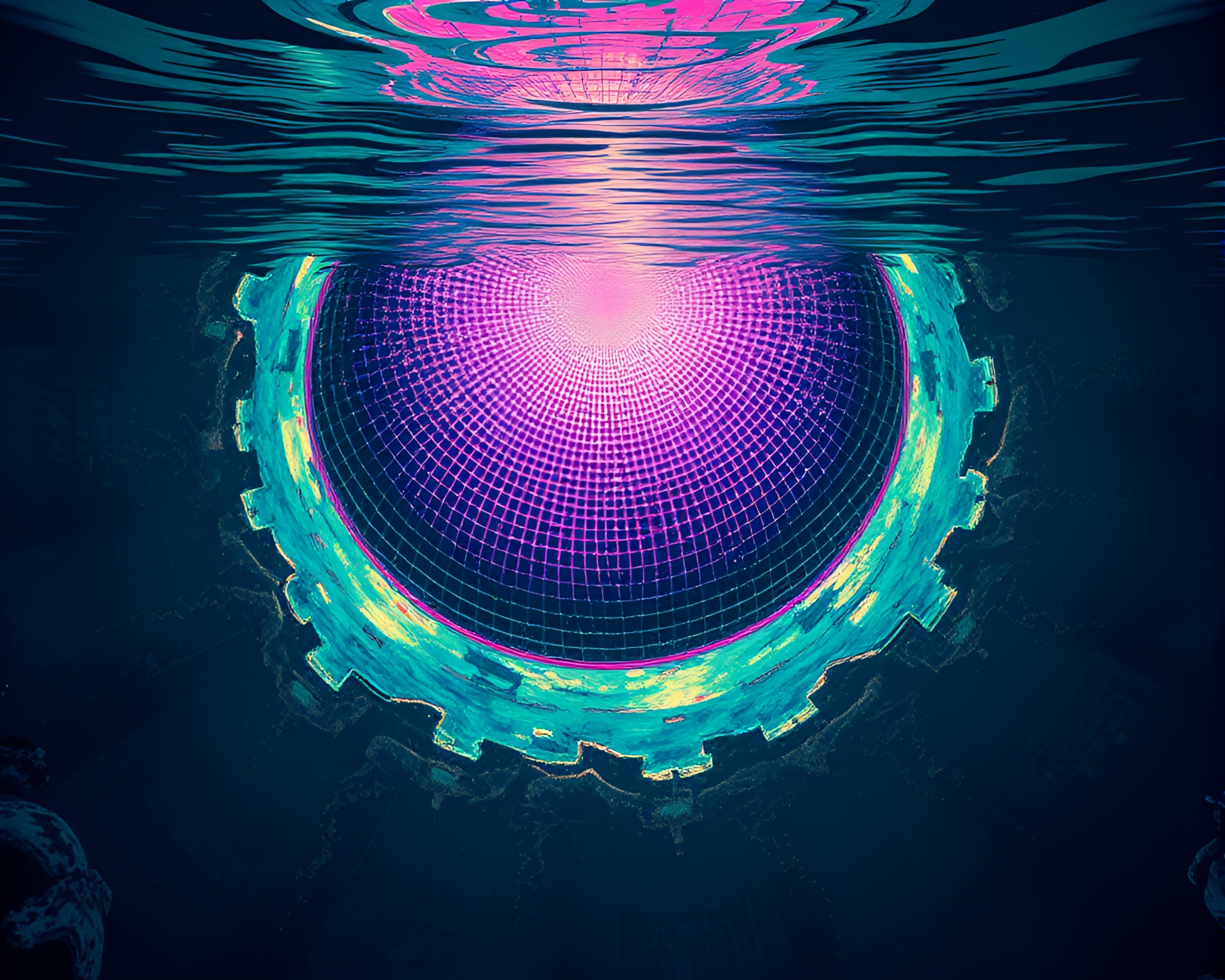 Fractal underwater dome with graffiti halftone grid – free AI stock image