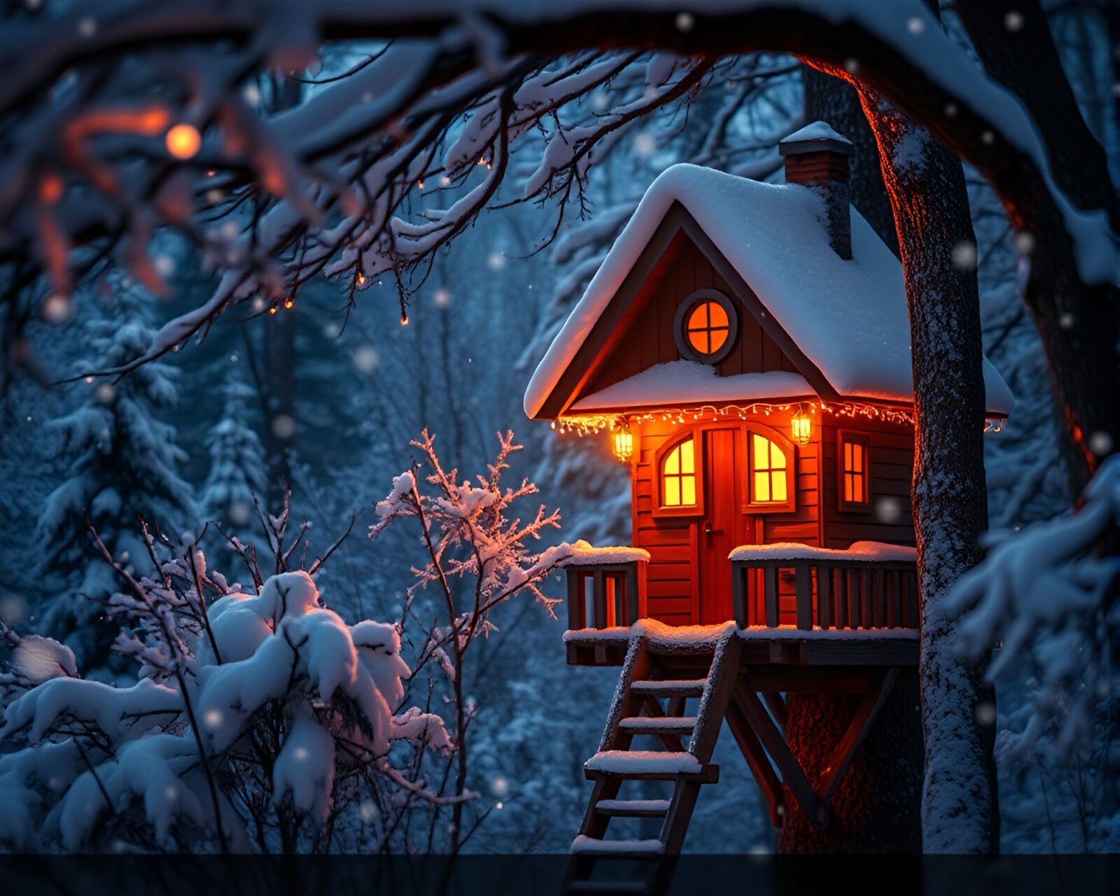 Magical treehouse surrounded by snowflakes in warm, golden light