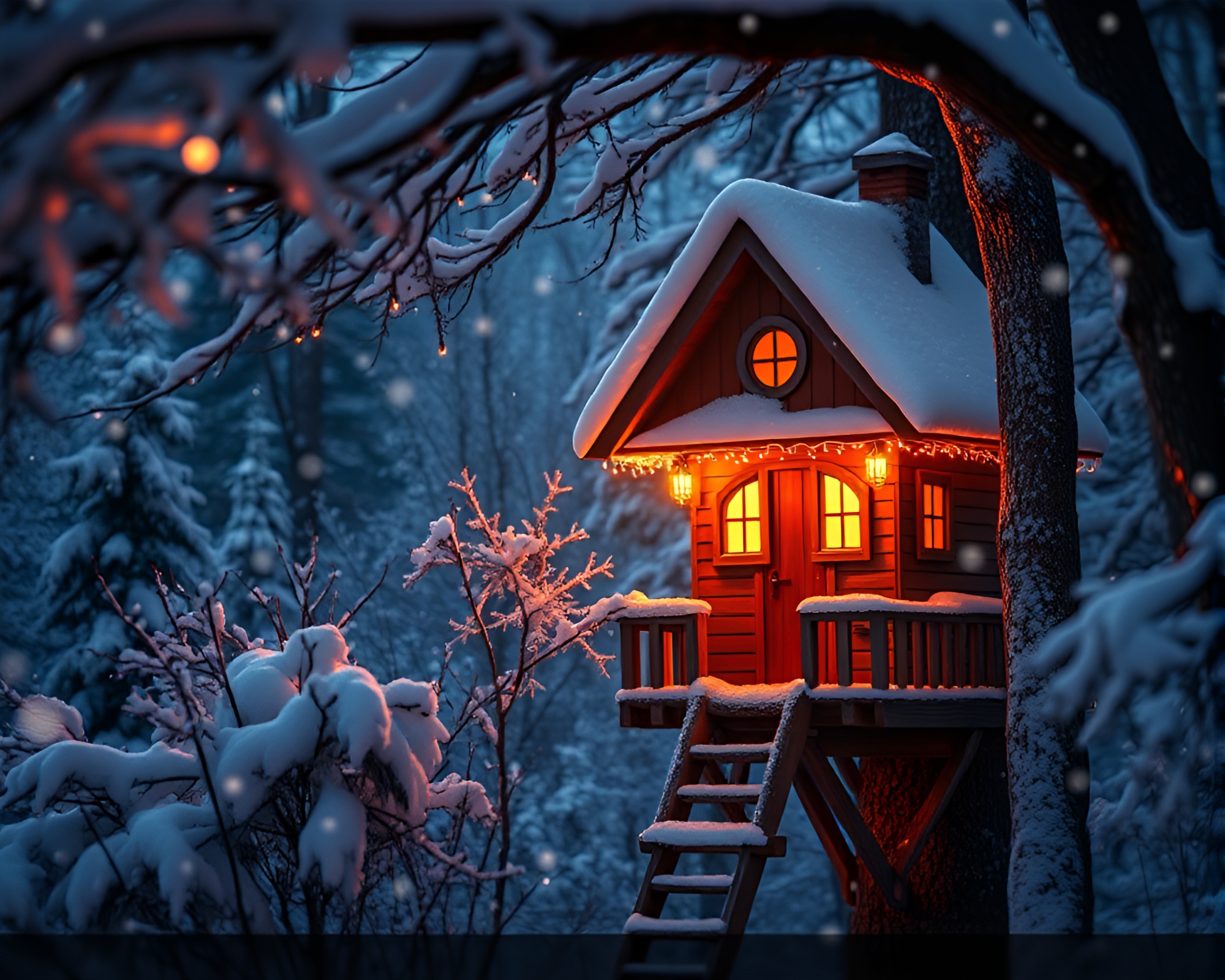Enchanting Treehouse in Snowflake Forest at Golden Hour – free AI stock image