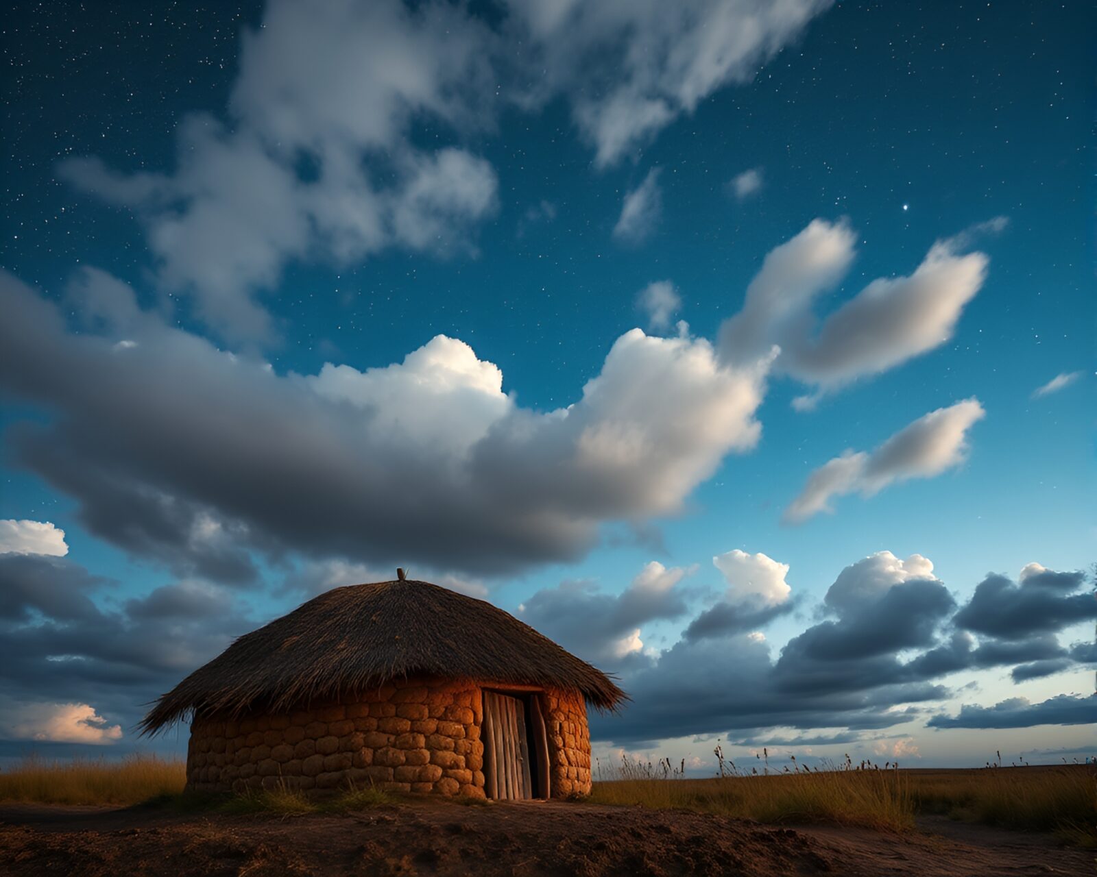 Surreal scene of mud hut under moonlit sky with artistic clouds