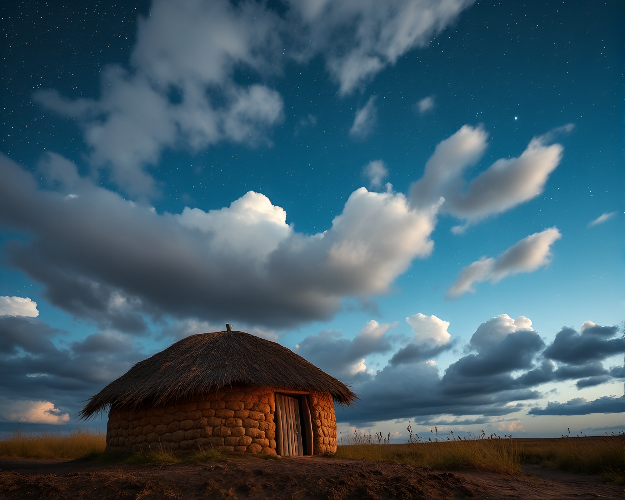 Enchanting Starlit Mud Hut Amidst Unique Cloud Formations – free AI stock image