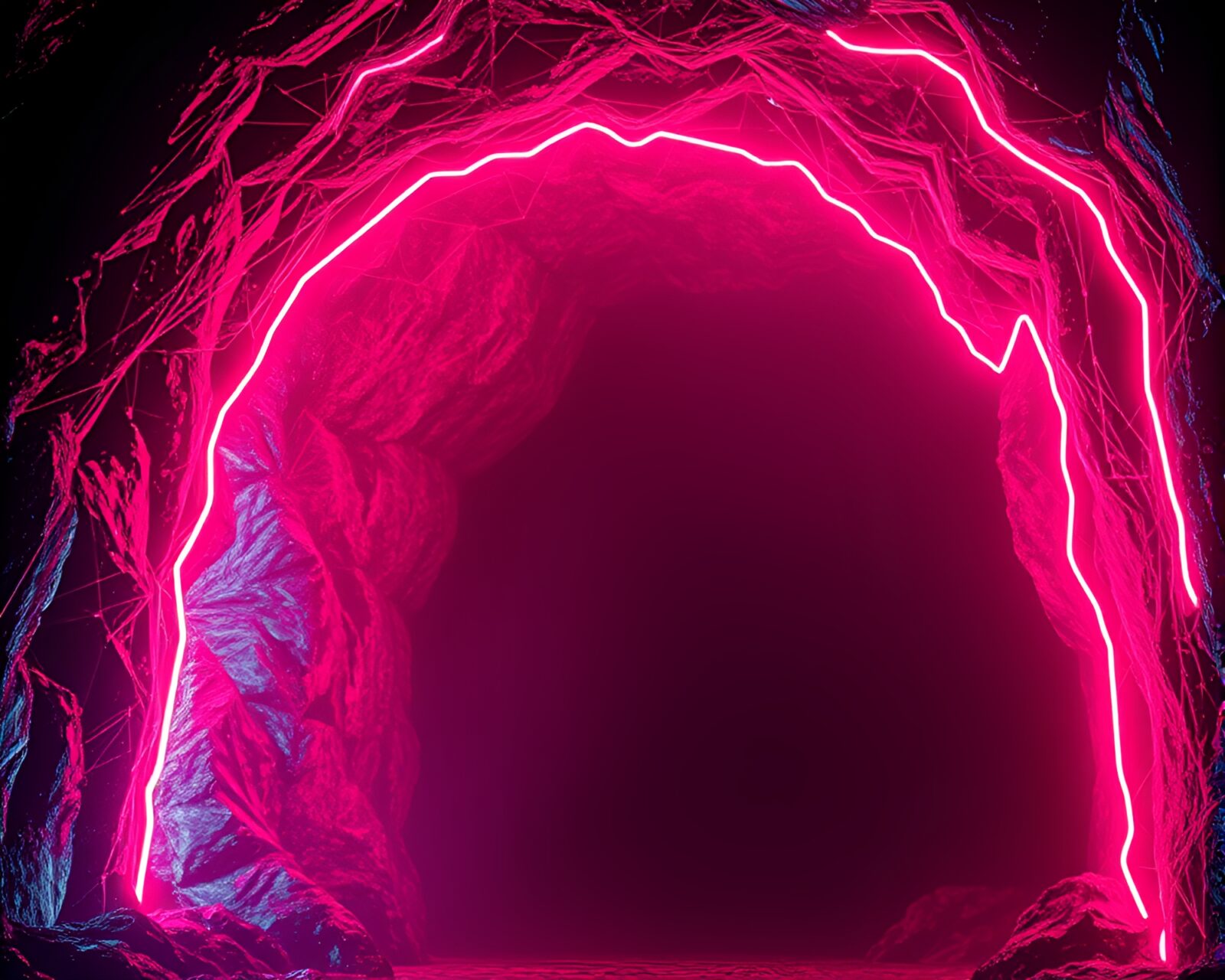 Glowing wireframe armor standing in eerie cave darkness