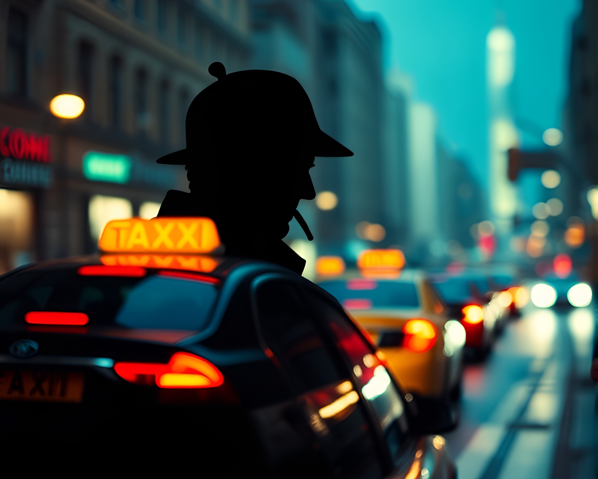 Sleek Sherlock Holmes Silhouette in Holographic Taxi Blur – free AI stock image