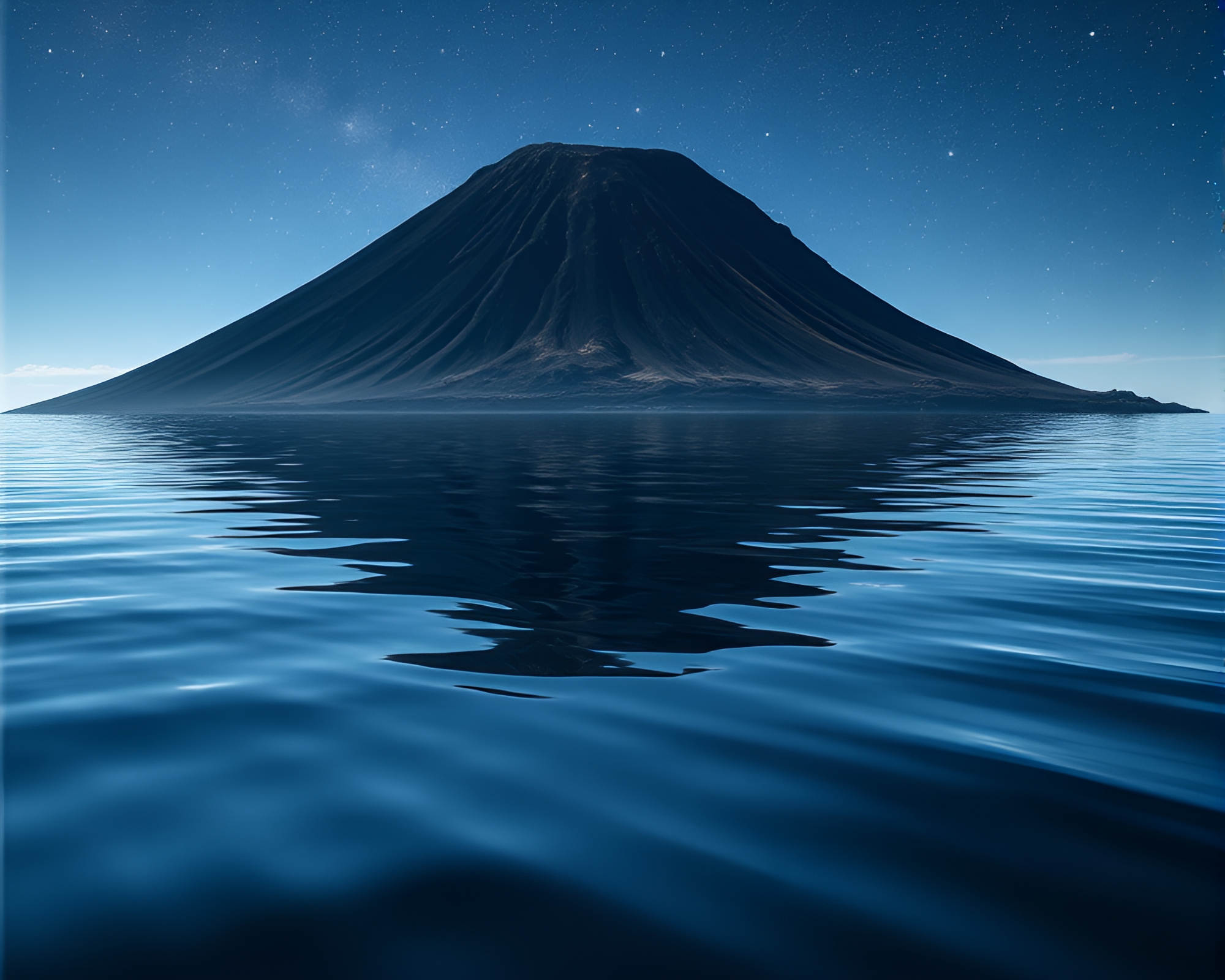 Lithographic Volcanic Island Water Reflection Ripples – free AI stock image