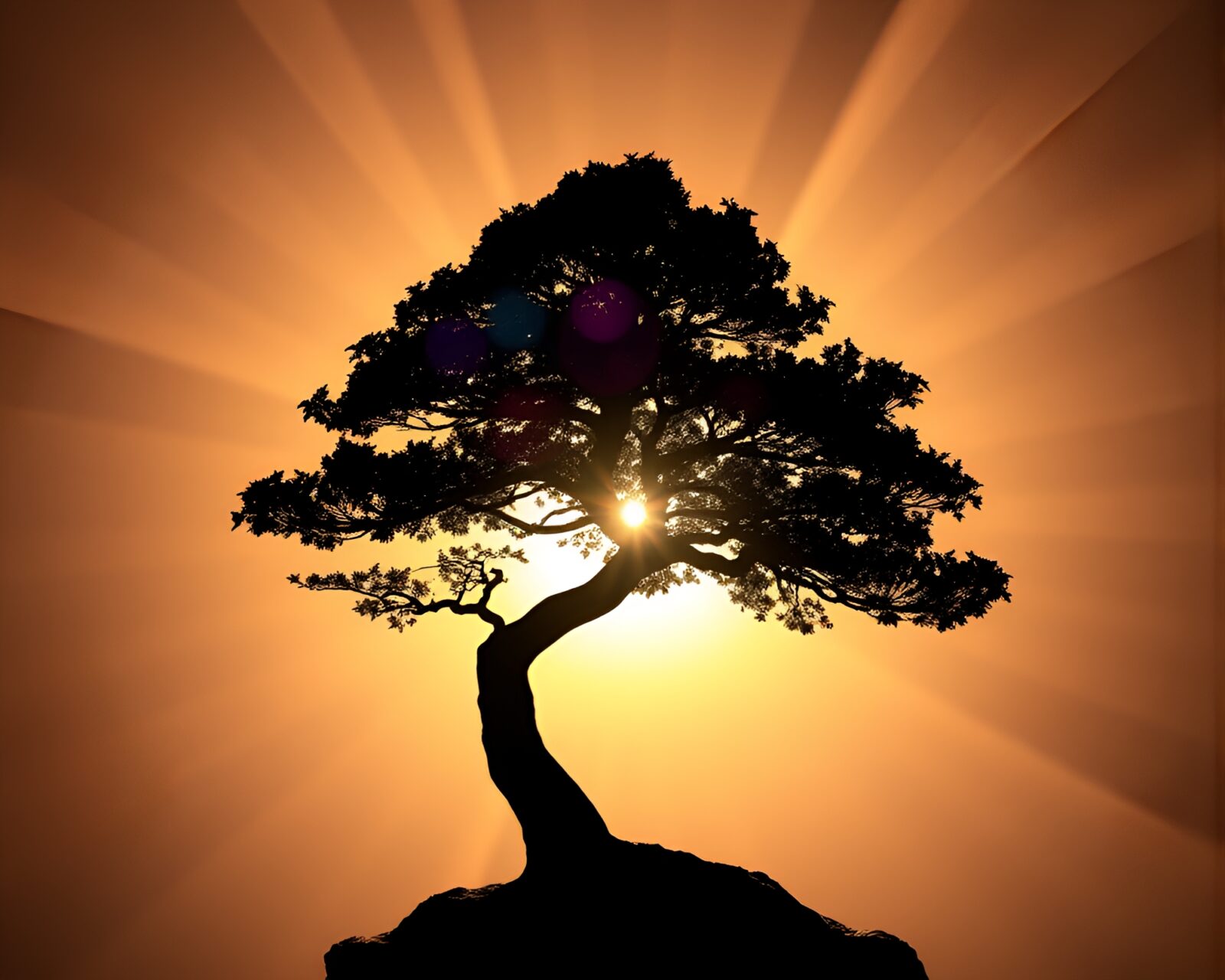 Vibrant pop art depiction of bonsai tree with lens flare