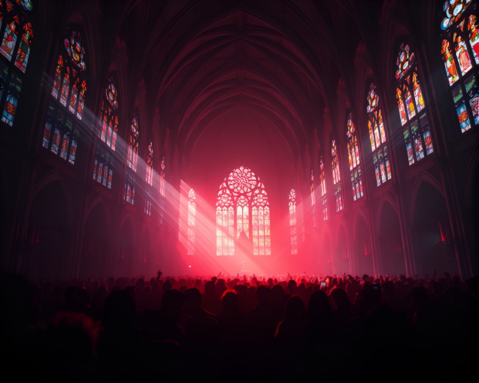 Glowing hologram-like figures in stained light cathedral setting