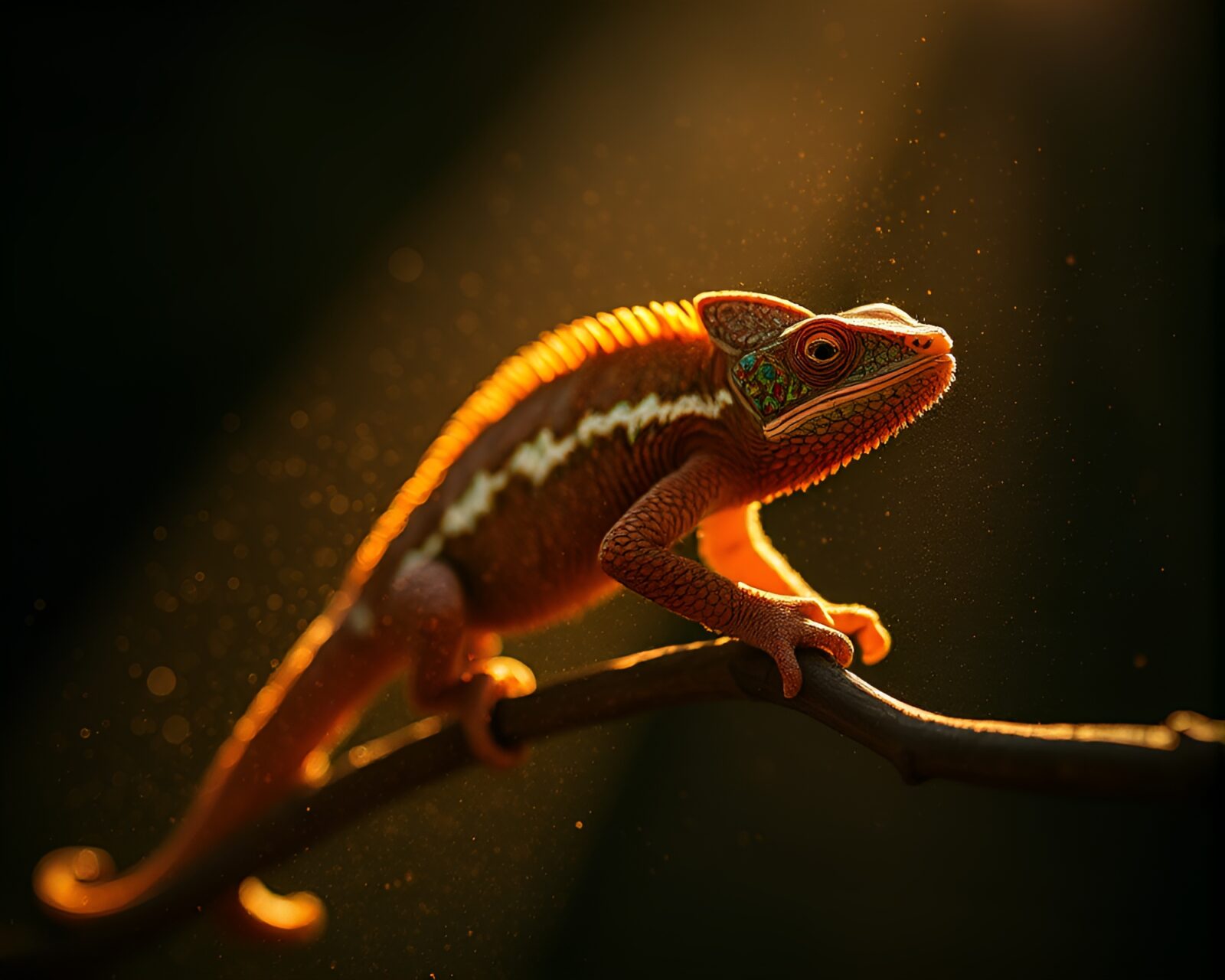 Chameleon camouflaged with dust particles under golden afternoon sun