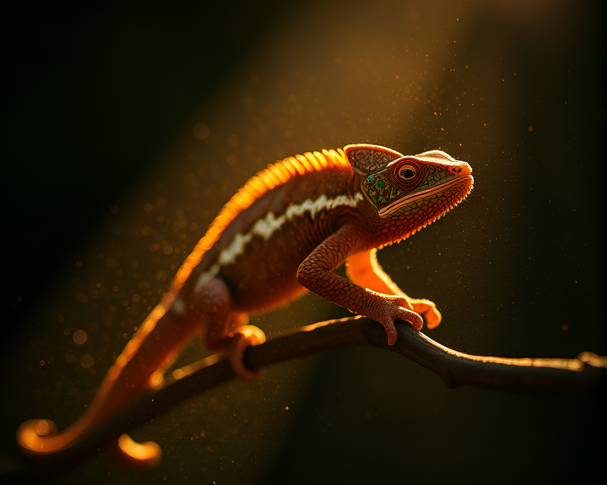Chameleon blending with dust particles in warm afternoon light – free AI stock image