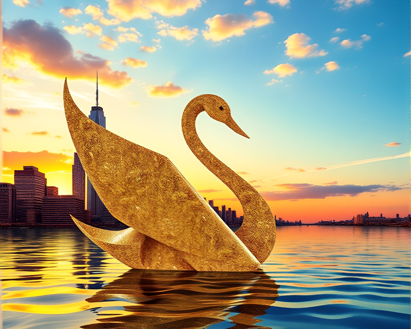 Surreal origami swan against vibrant gilded skyline mosaic