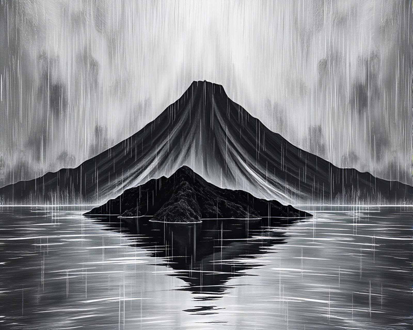 Misty volcanic island with film sprocket holes, chalkboard style.