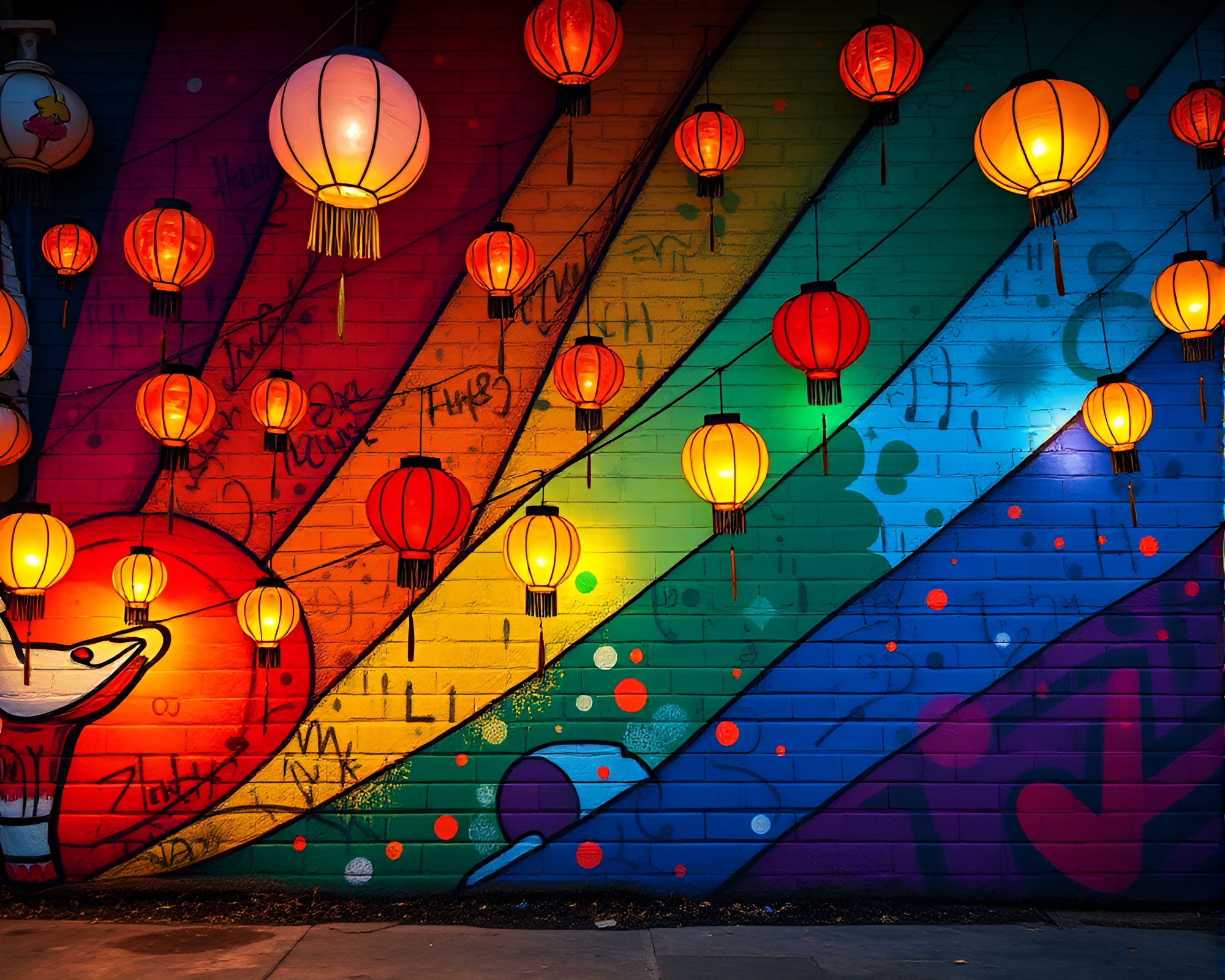 Lanterns Floating in Rainbow Spectrum Mural Graffiti – free AI stock image