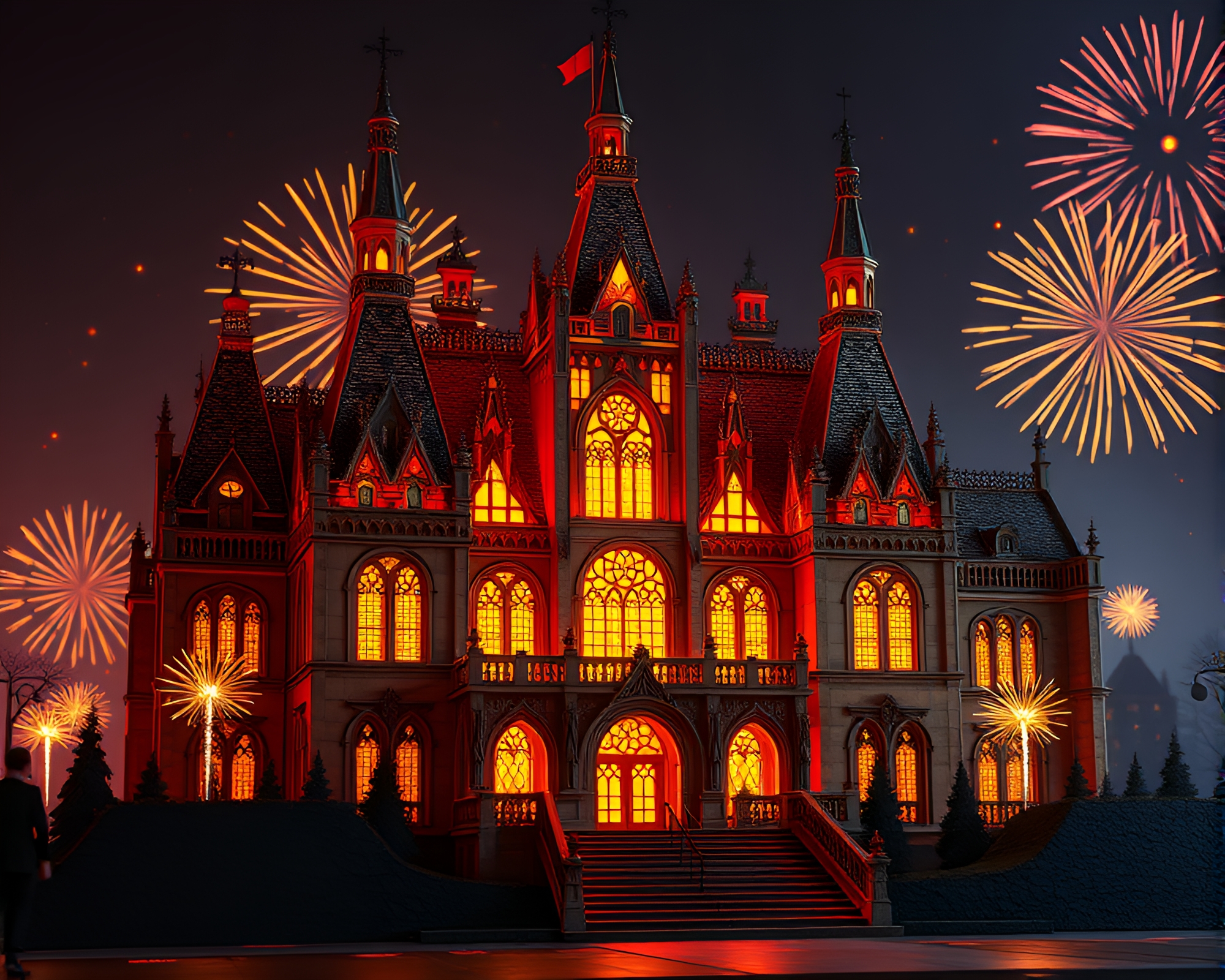Neo-Gothic Mansion Alight with Festival Fireworks Glow – free AI stock image