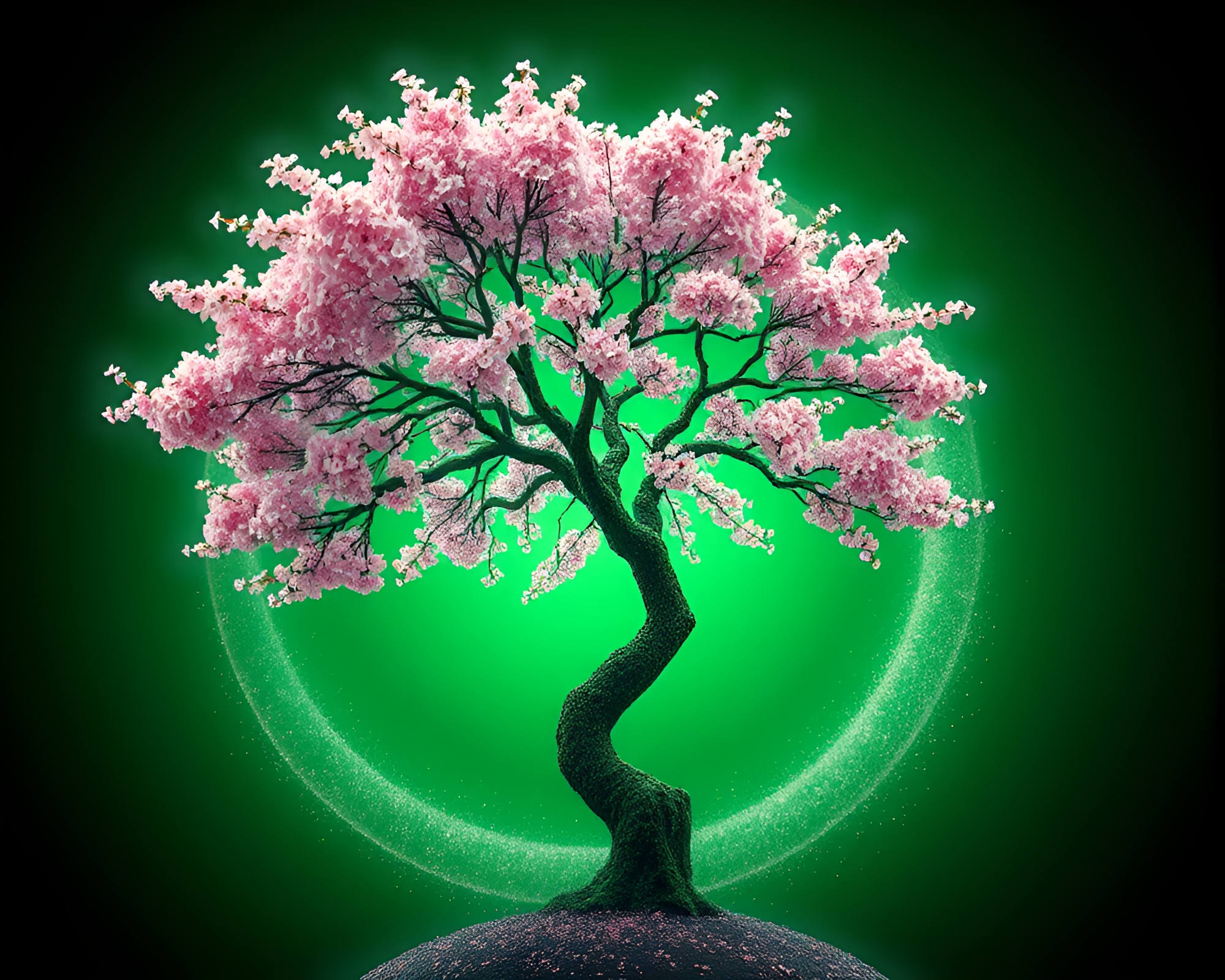 Spiraling Cherry Blossom Tree in Monochrome Green Synthwave – free AI stock image