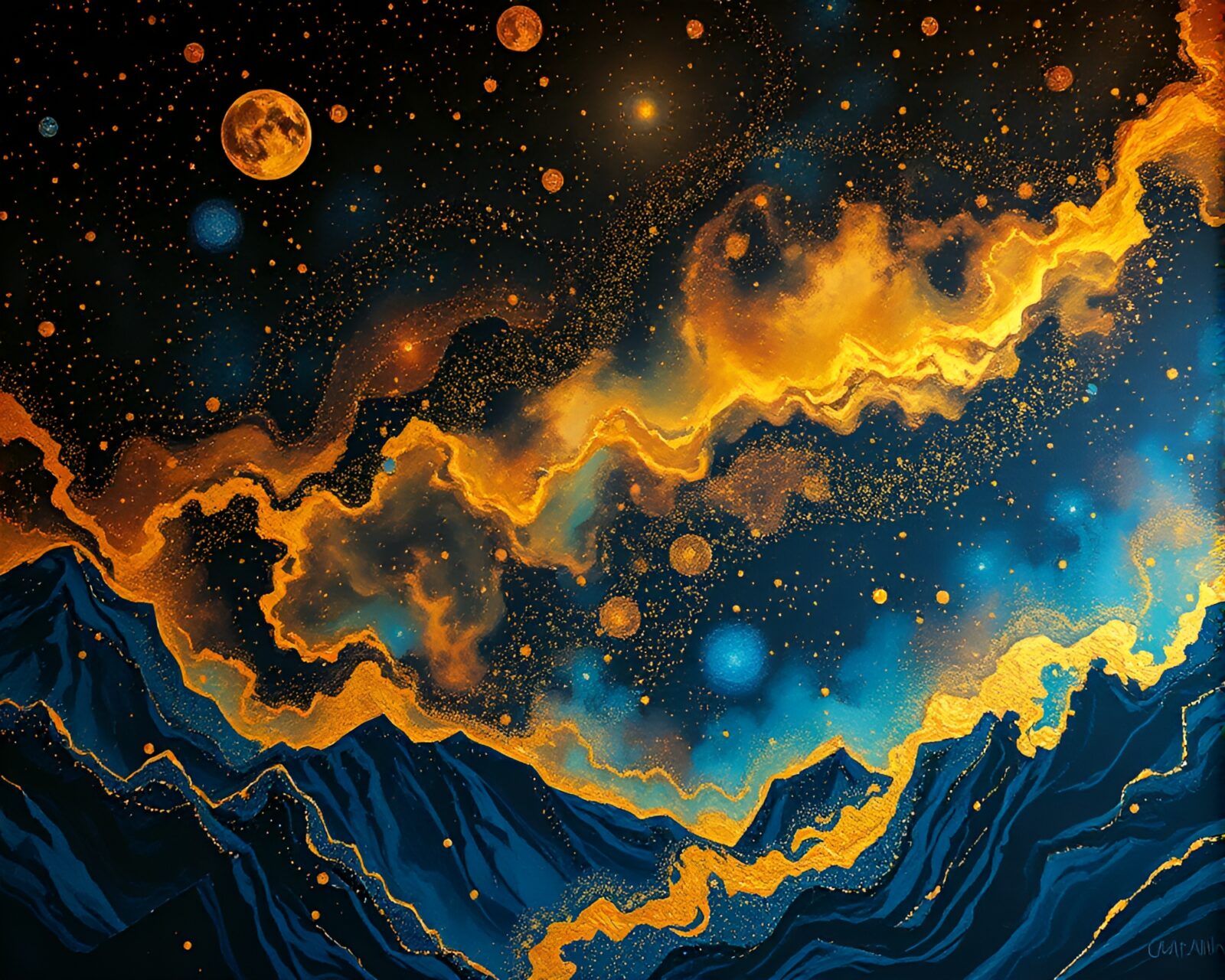 Vibrant mural with gold foil details glowing in torchlight
