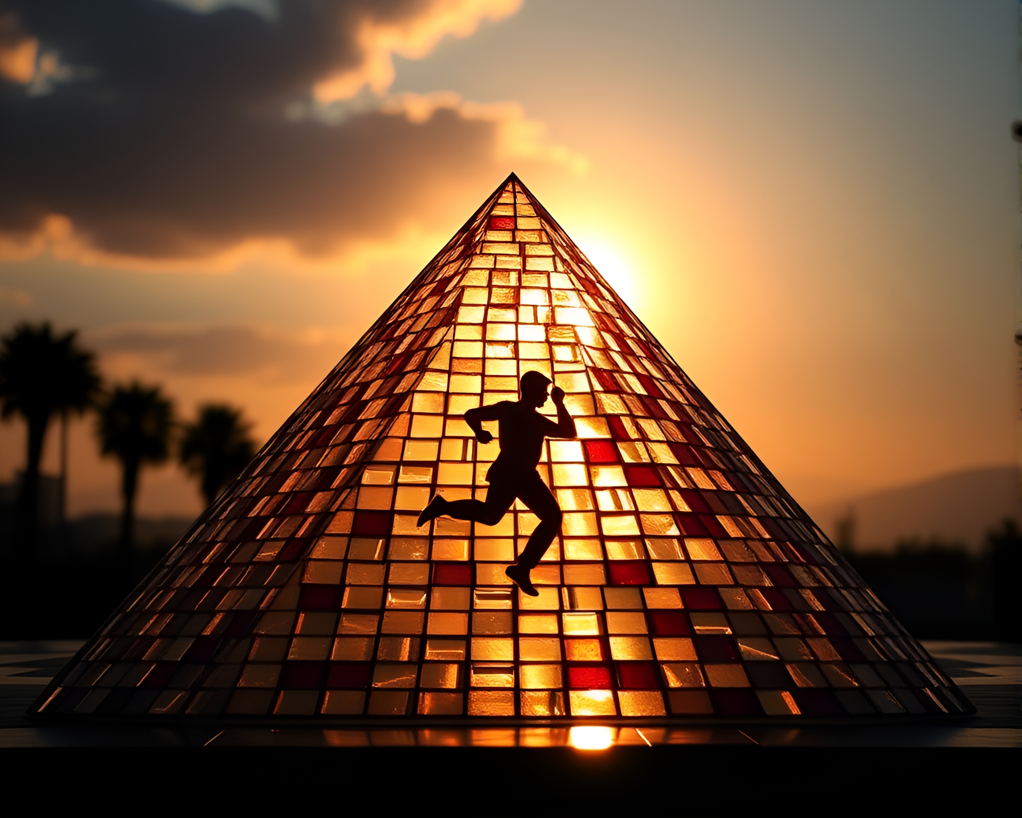 Glass Pyramid Tiled Mosaic Backlit Silhouette Painting – free AI stock image