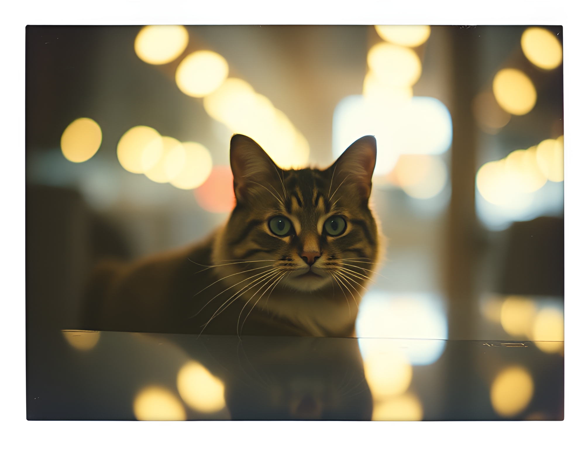 Vintage Polaroid of Schrodinger’s Cat Reflections in Bokeh – free AI stock image