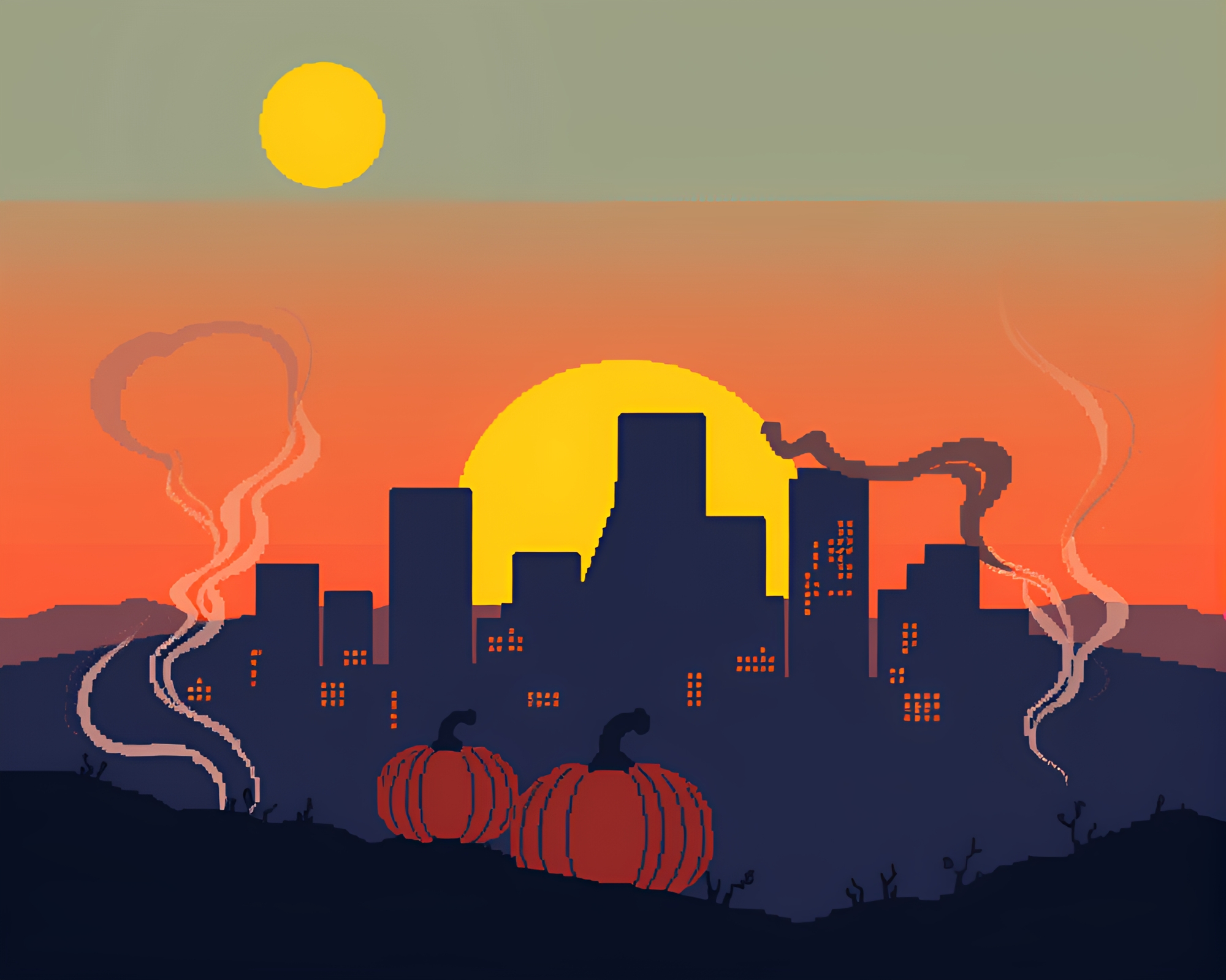 Smoke Rings Dance at Sunset Over Pumpkin Pie City – free AI stock image