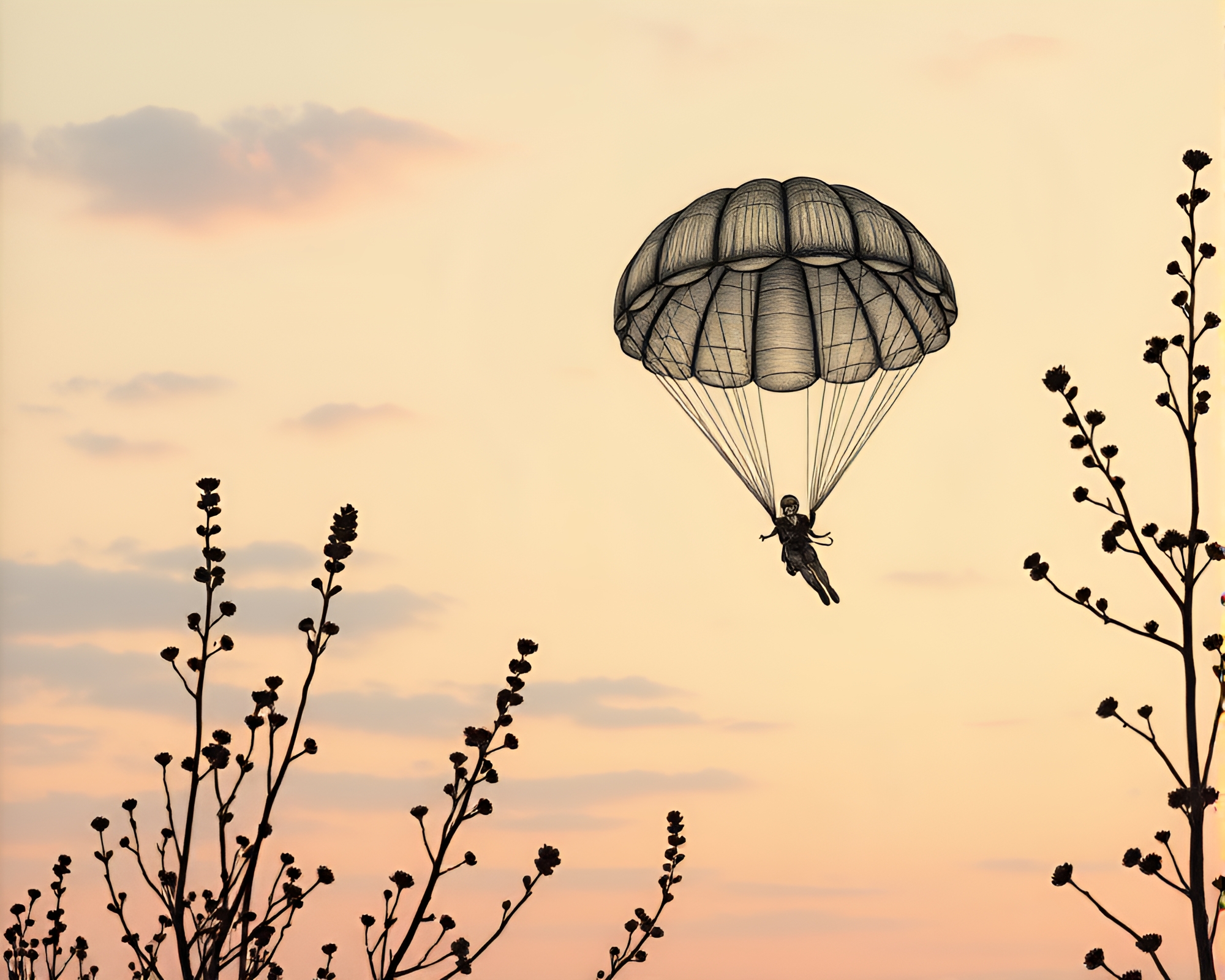 Twilight Parachute Jumper Botanical Engraving – free AI stock image