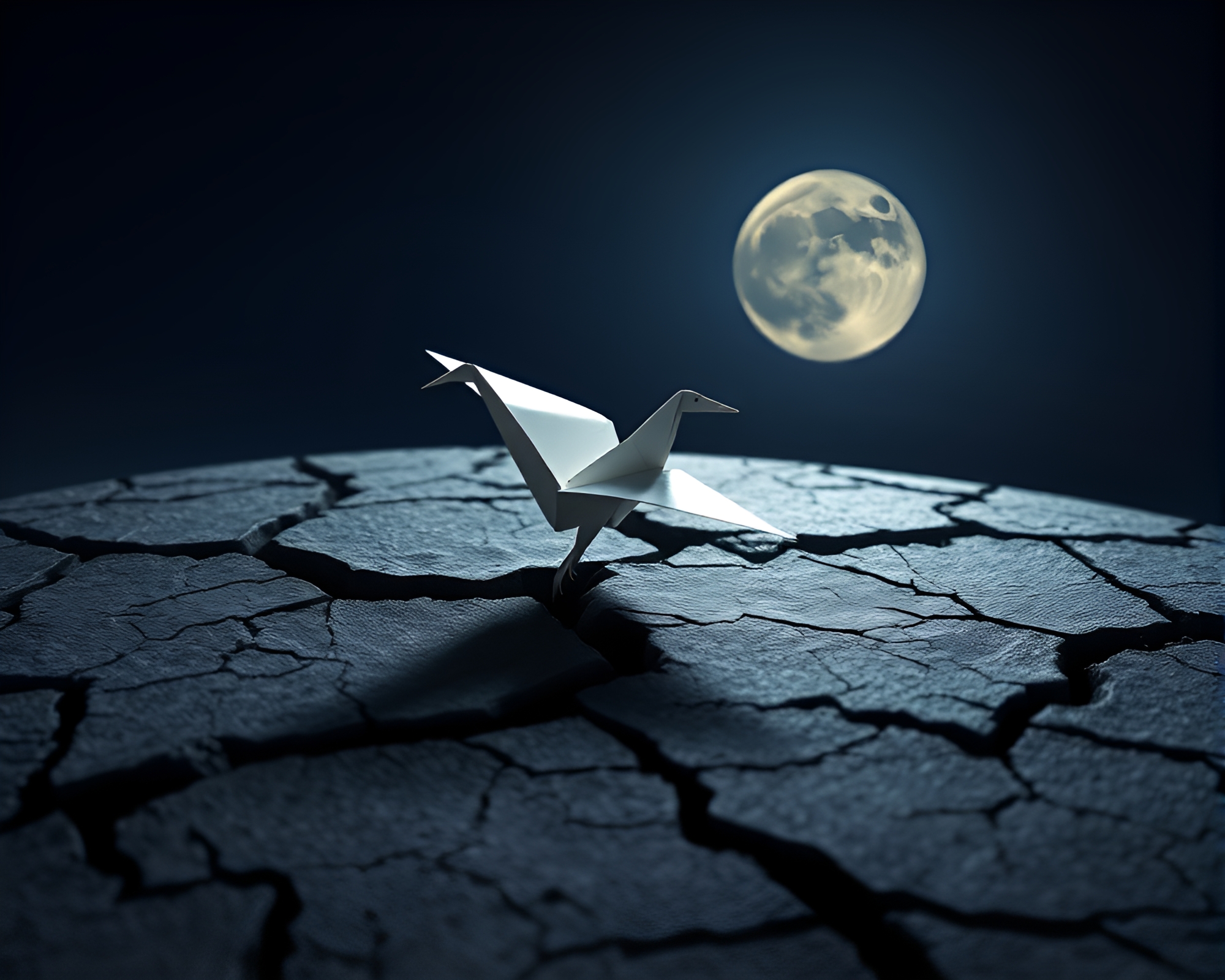 Moonlit Origami Crane on Cracked Earth – free AI stock image