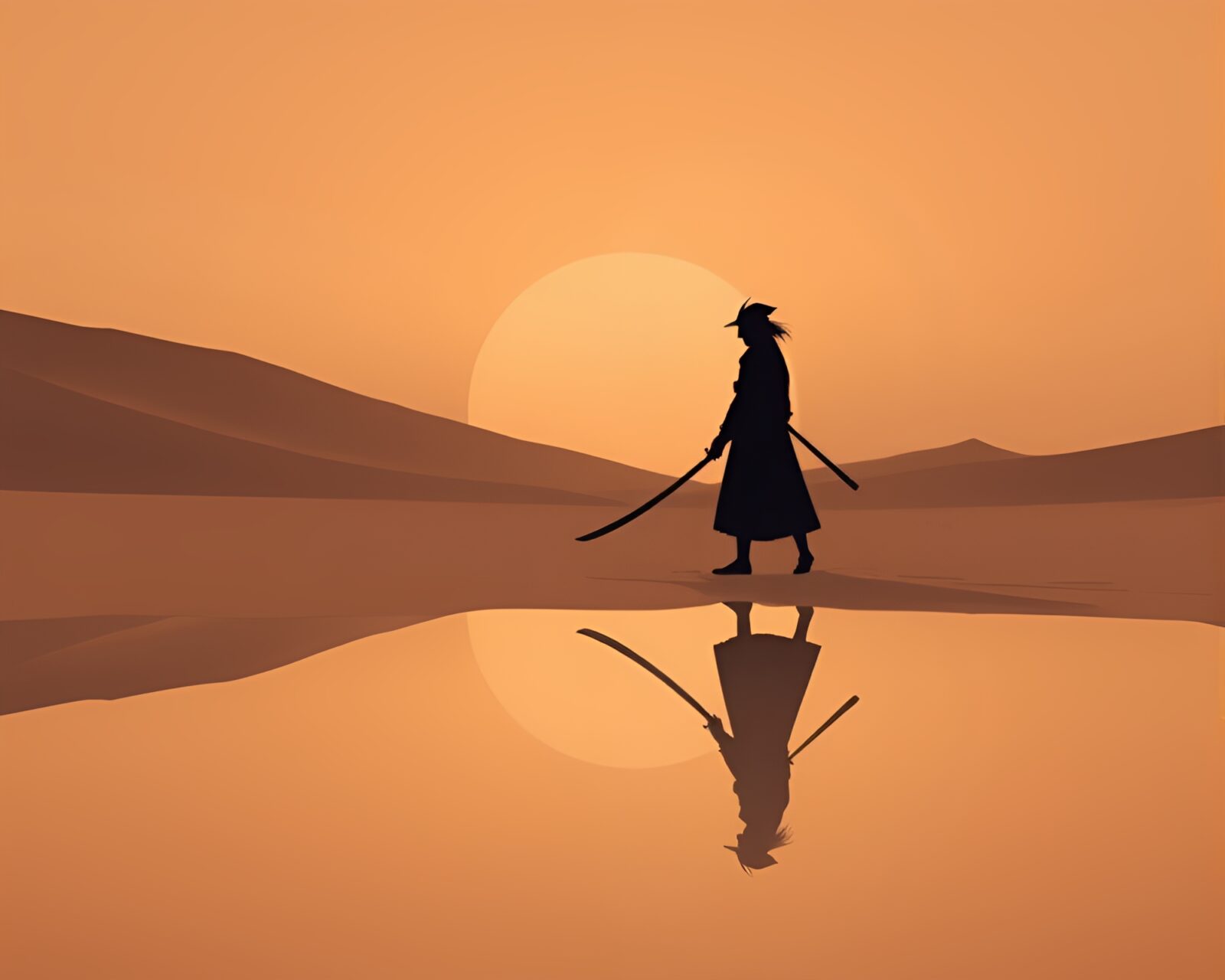Samurai silhouette with sword in desert at dusk