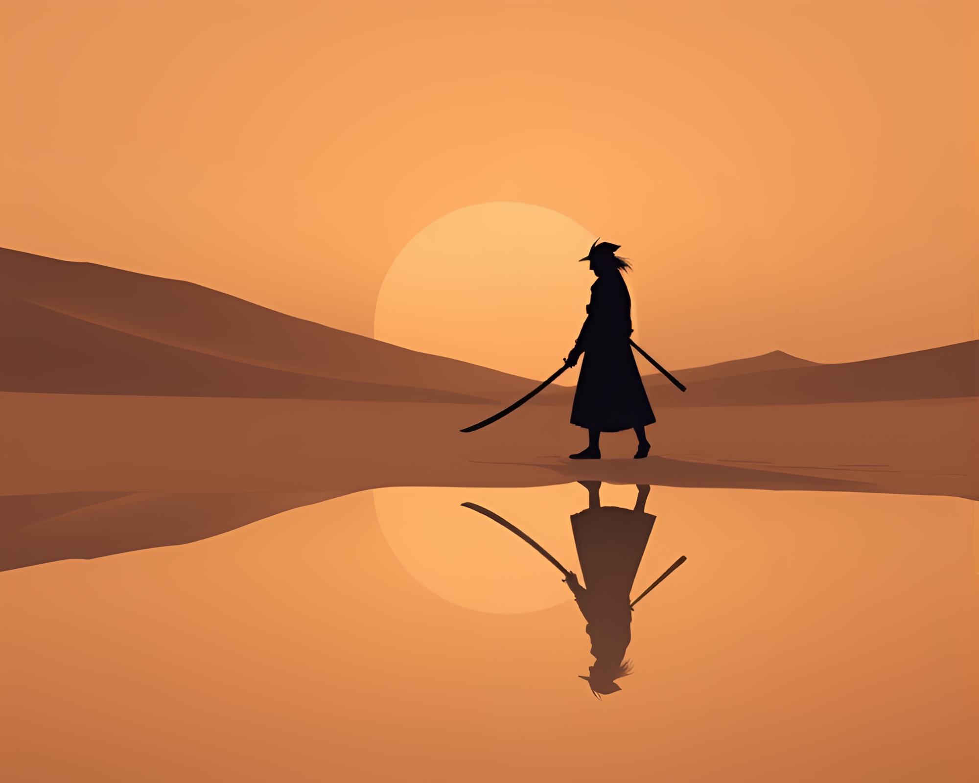 Samurai Warrior Reflection in Minimalist Desert Sunset – free AI stock image
