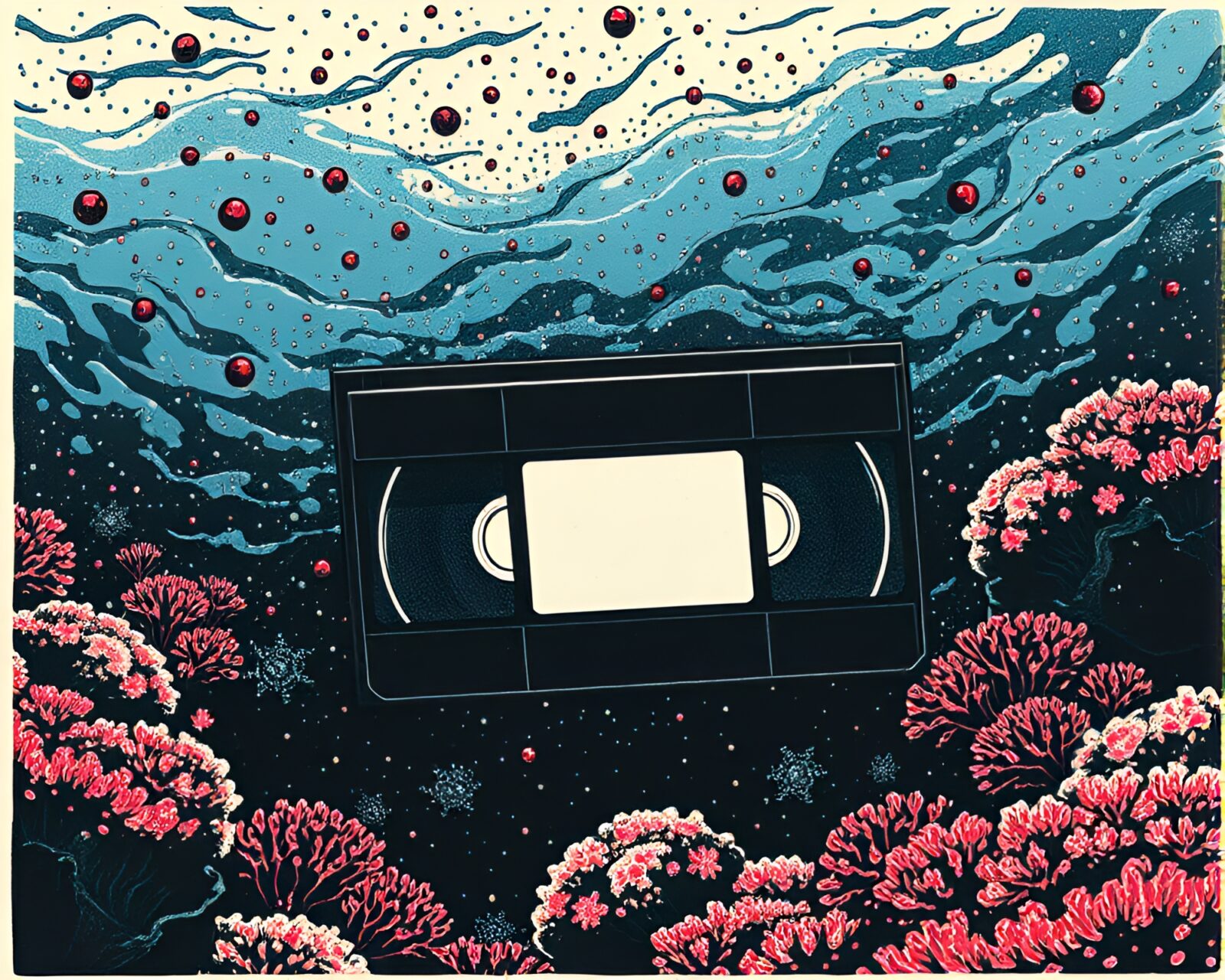 Colorful coral reef with floating particles and VHS distortion