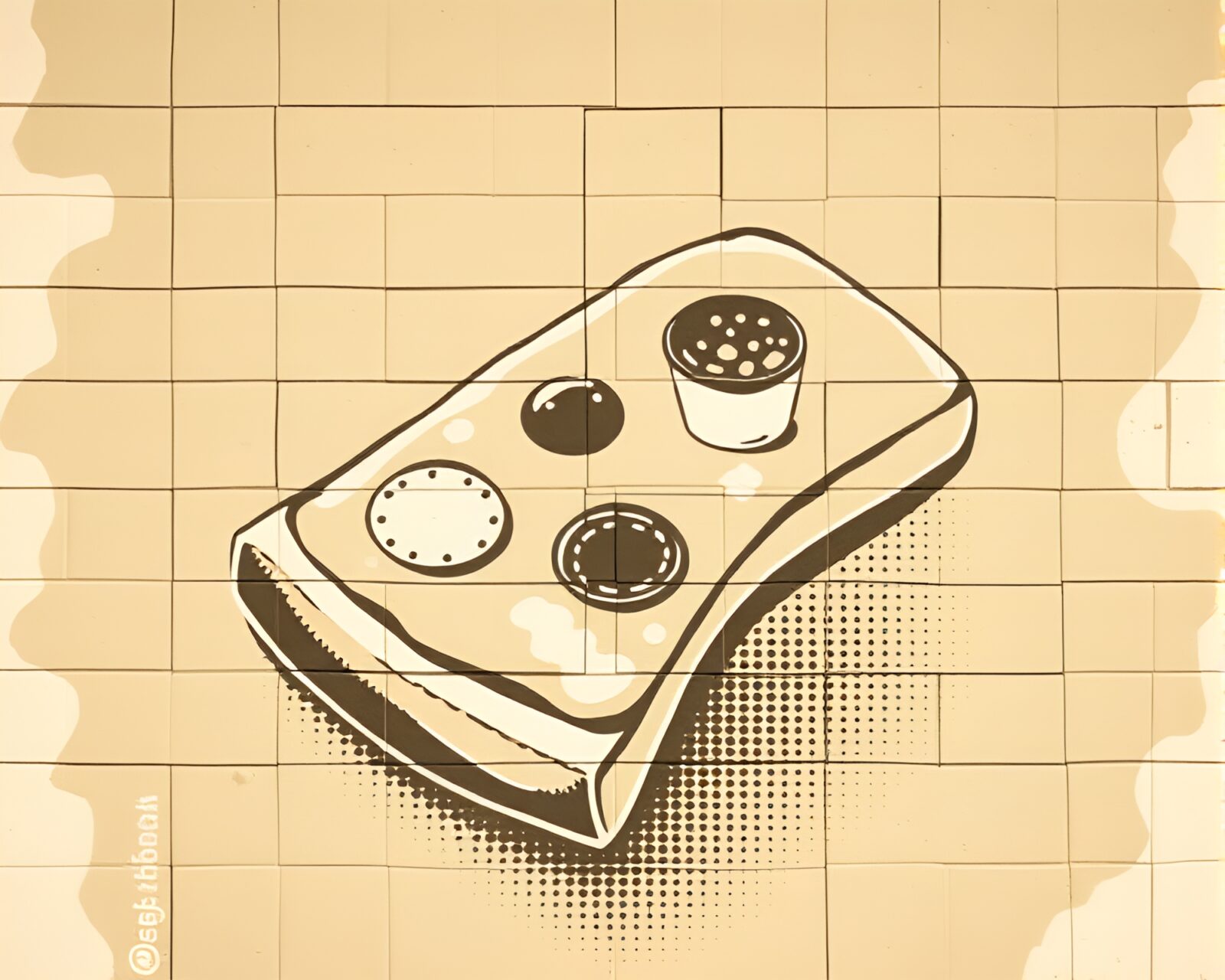 Sepia-toned mural painting of a halftone grid pizza slice