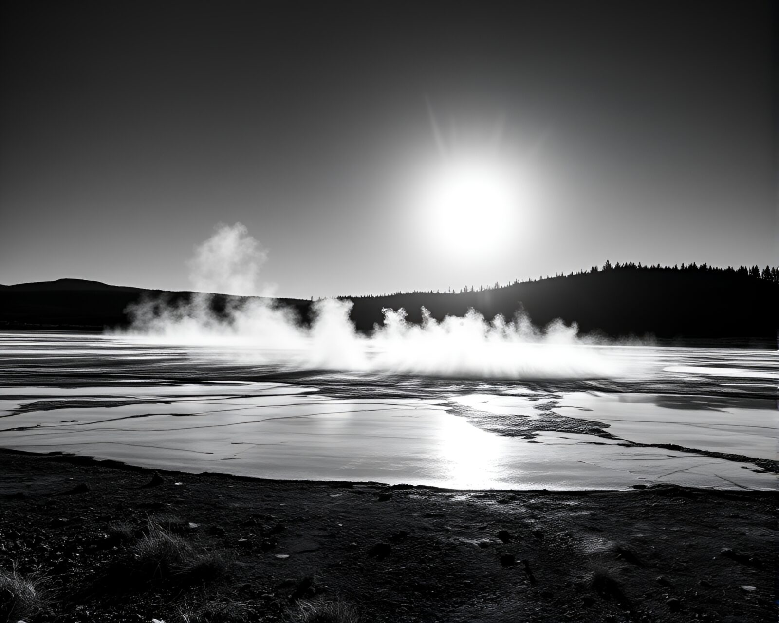 Digital art of geyser field under sun glares