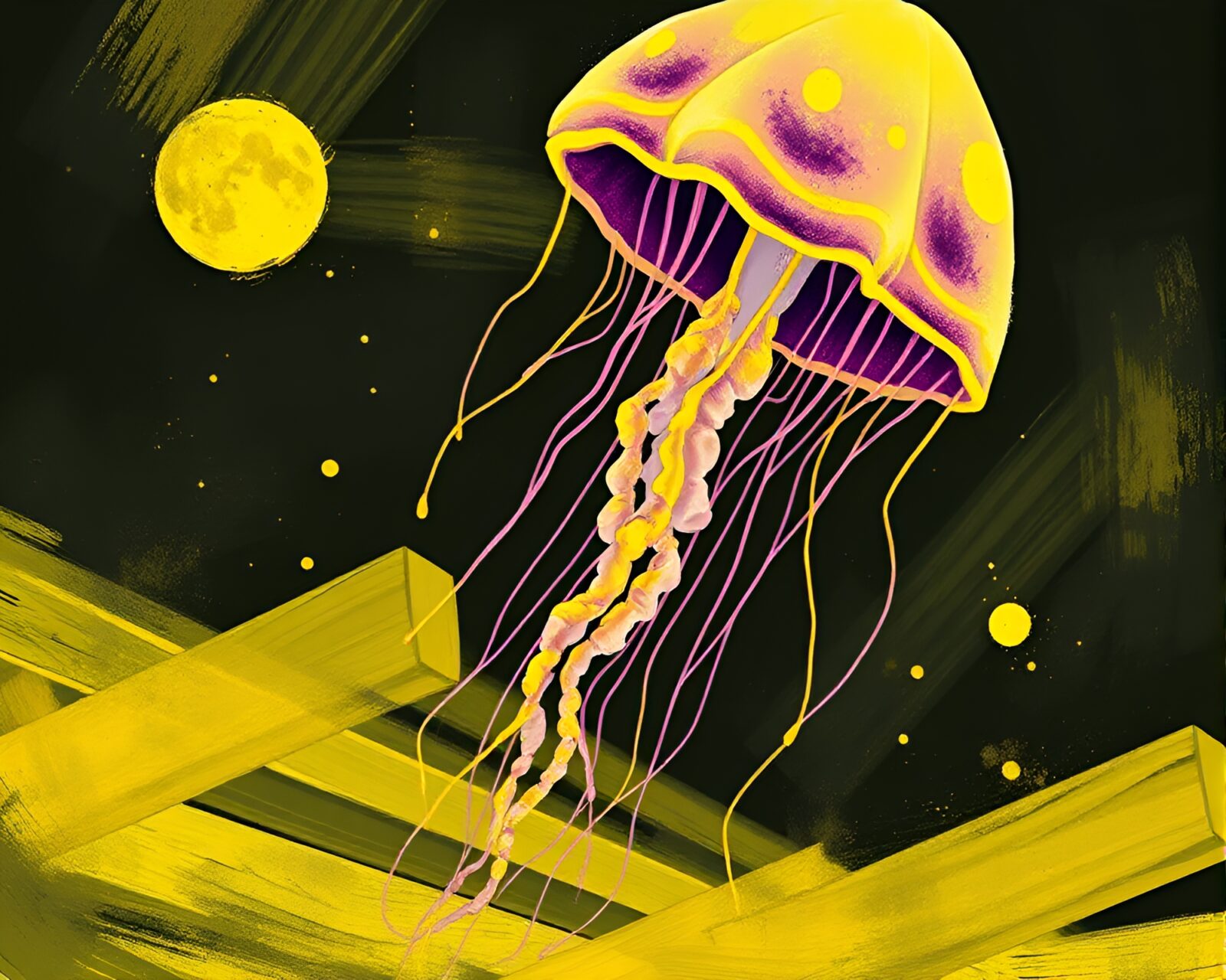 Colorful mustard yellow jellyfish on chalkboard with smudges