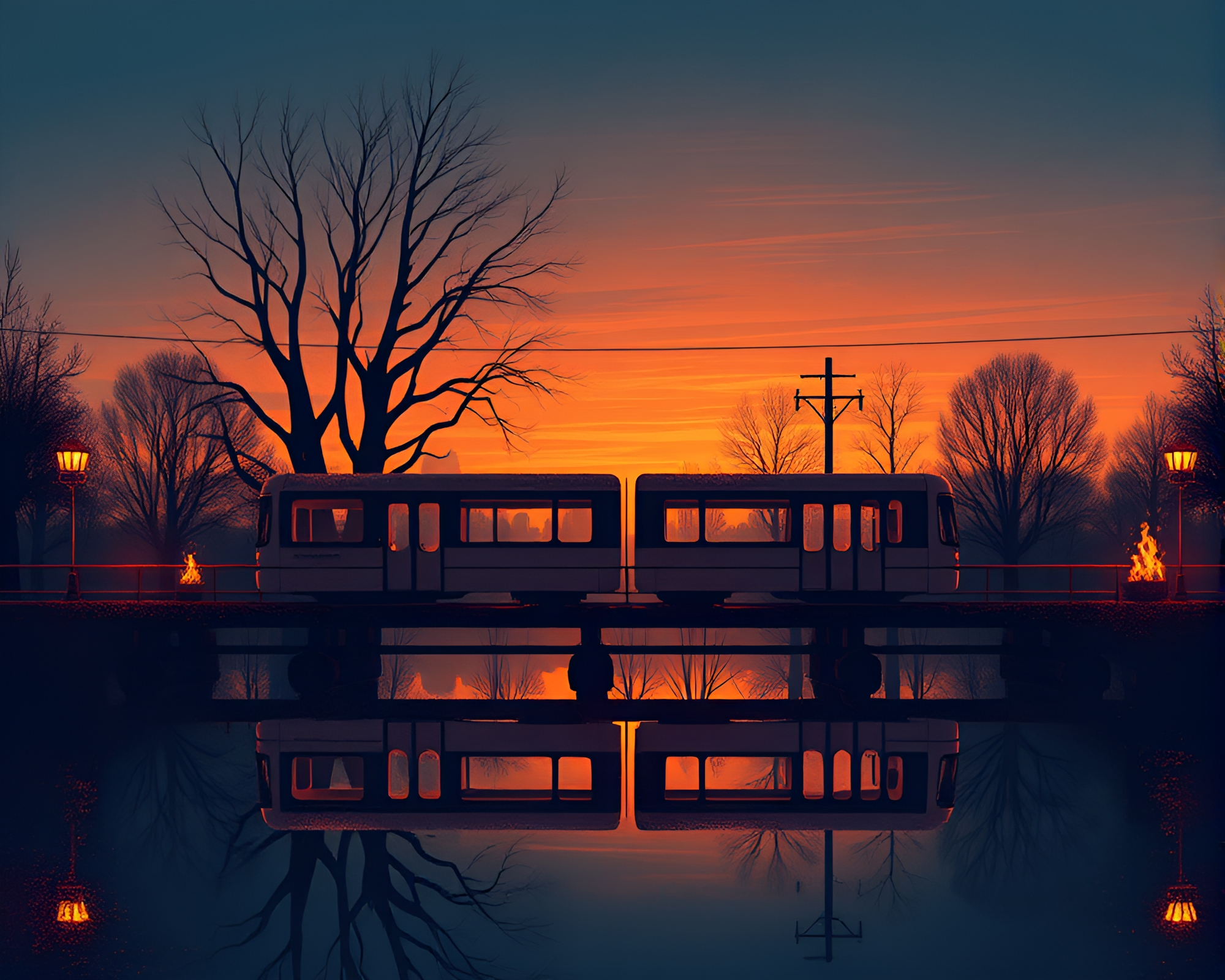 Monorail Double Reflection in Fireplace Flicker Silhouette Illustration – free AI stock image