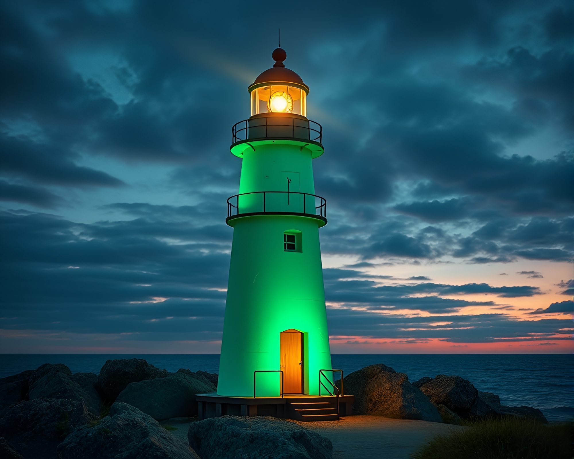 Mint Green Lighthouse Illuminated by Rim Lighting – free AI stock image