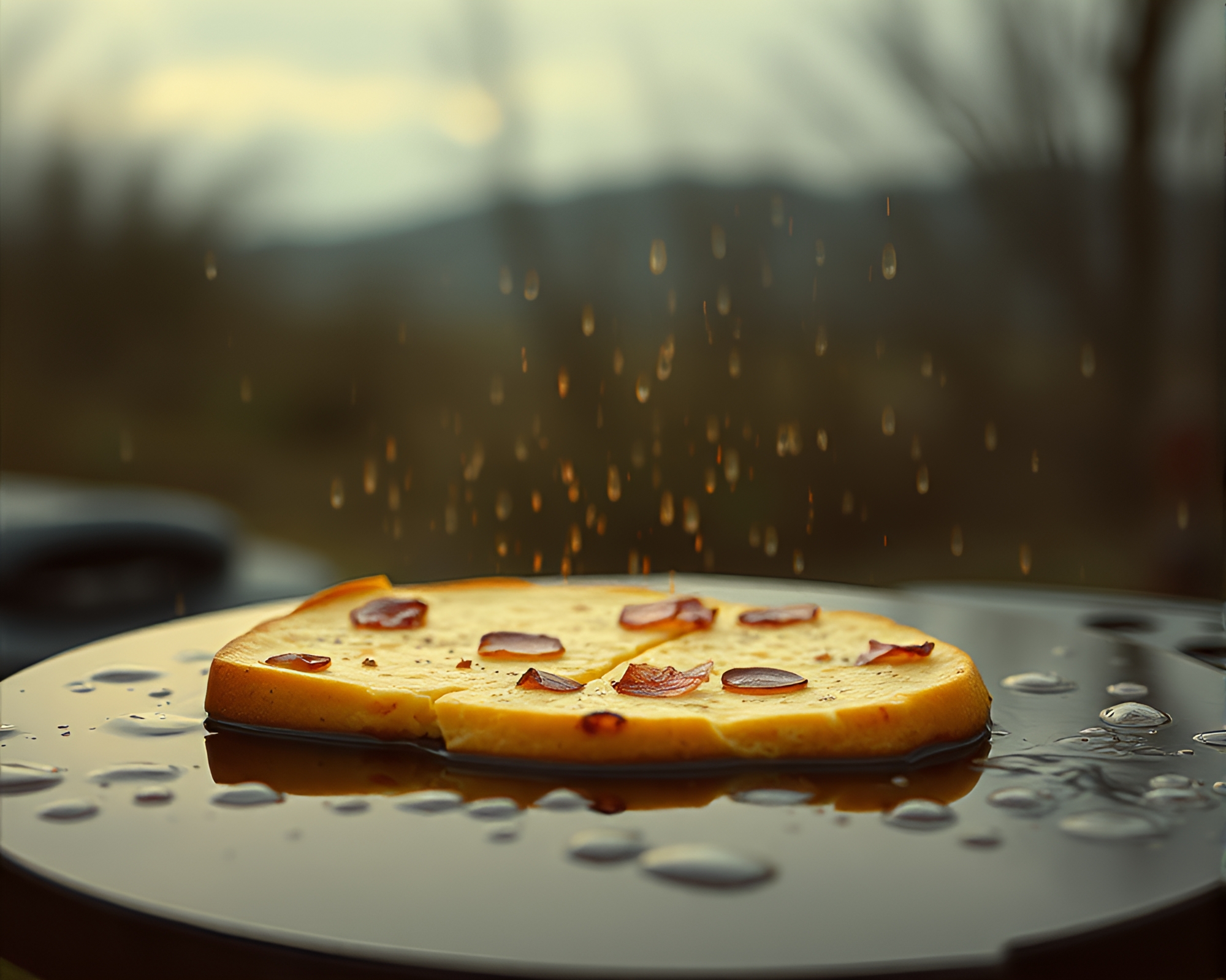 Cheese Platter Floating Amongst Embers in Rainy Reflections – free AI stock image