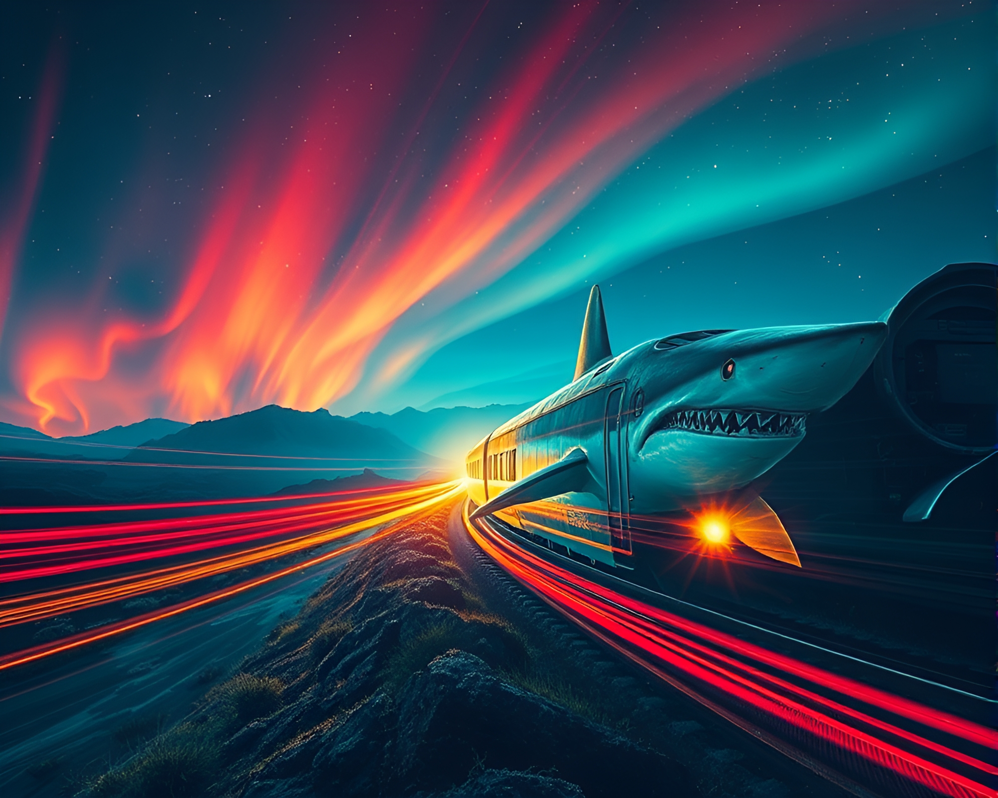 Surreal Shark Encounter with Train Light Trails – free AI stock image
