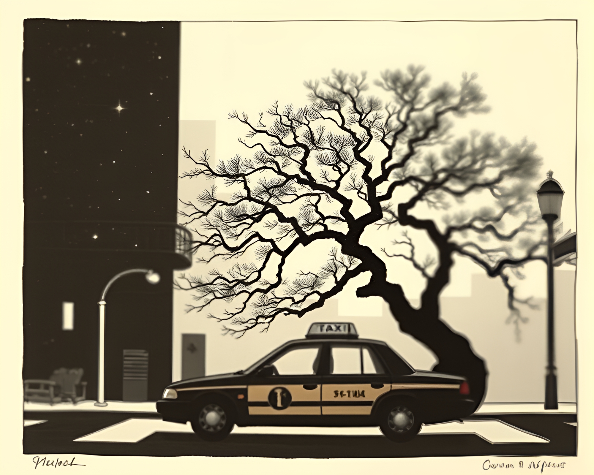 Urban Bonsai Taxi in Woodcut Print Style – free AI stock image