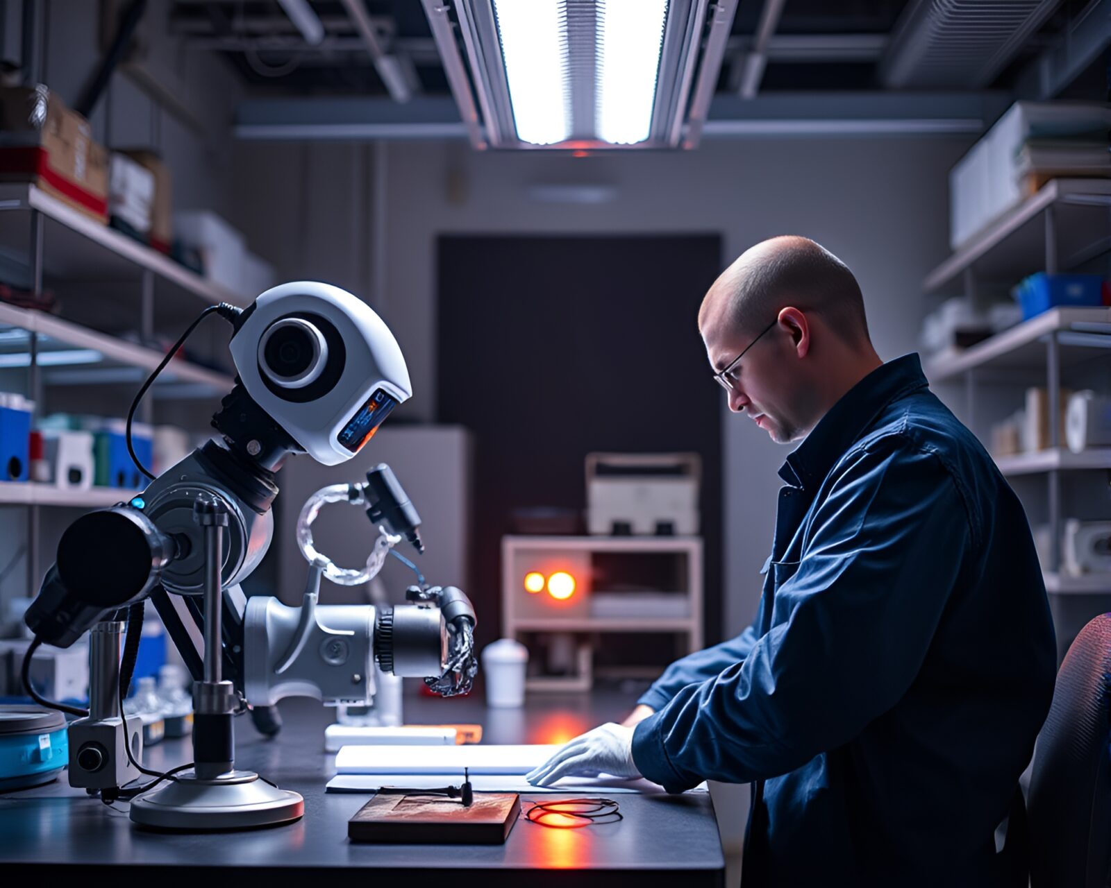 Fiber optics glowing in dark robotic laboratory setting