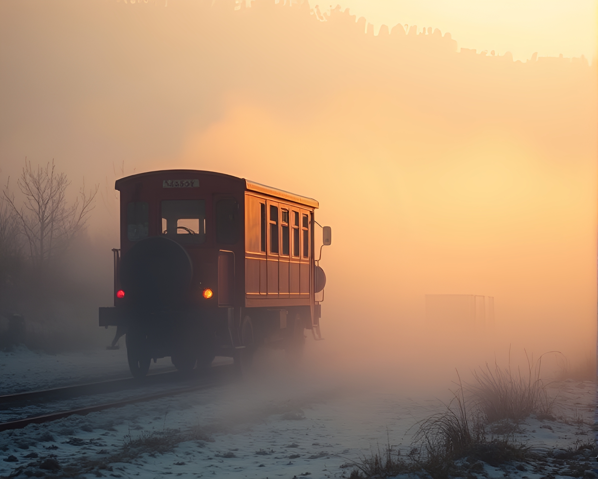 Golden Morning Stagecoach Journey Through Enigmatic Fog Banks – free AI stock image