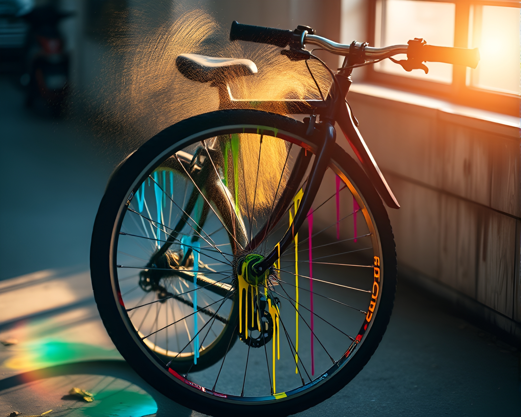 Gritty Bicycle Art: Spray Paint Drips and Rim Lighting – free AI stock image