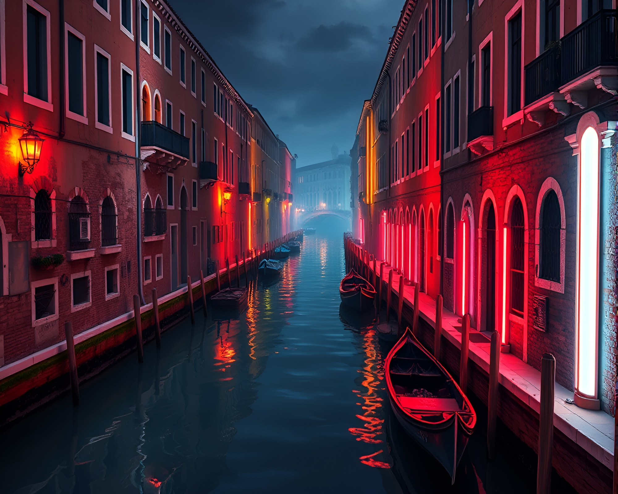 Neon-lit Venetian Canal Under Torchlight Glow – free AI stock image