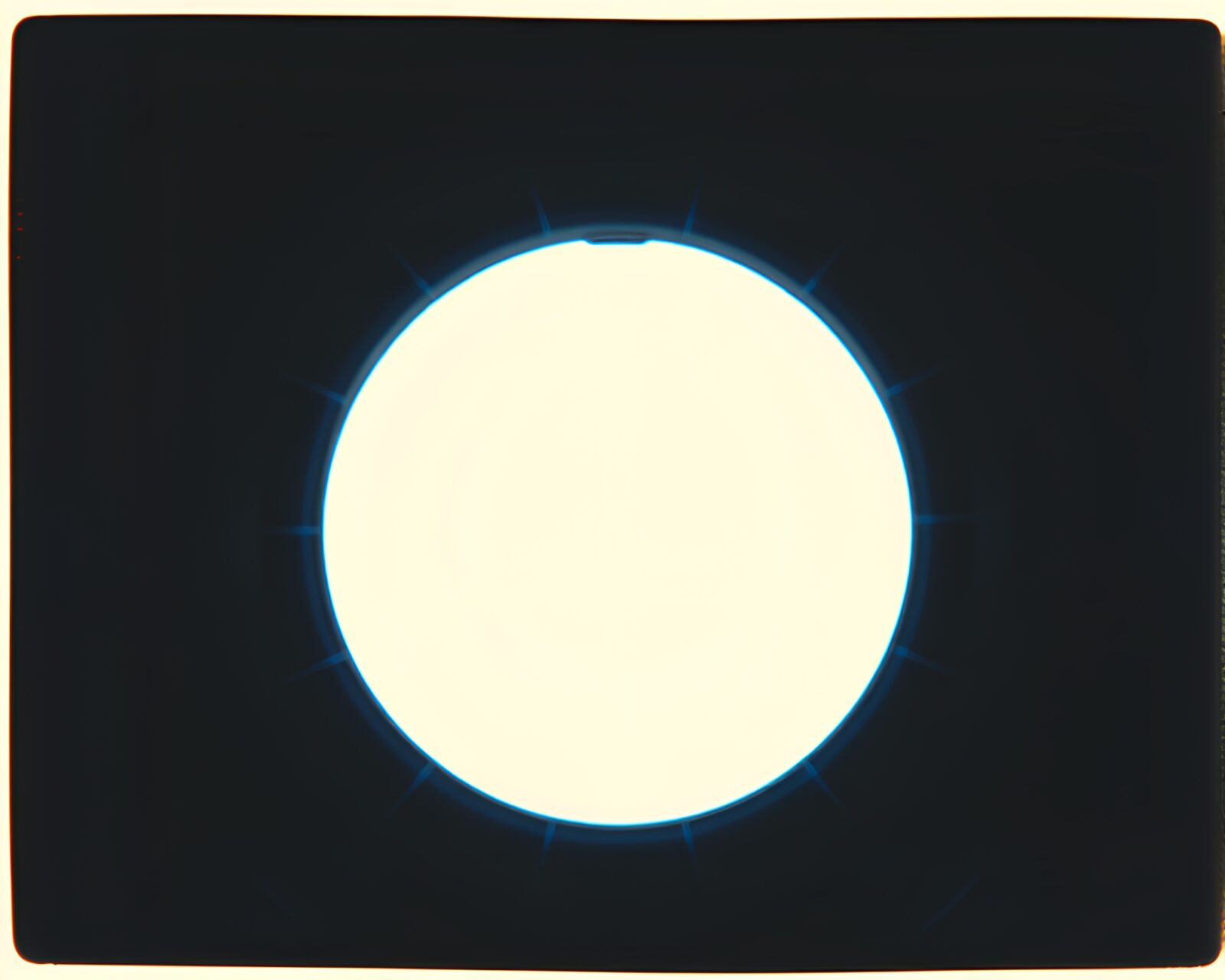 Symmetrical robot helmet in abstract Polaroid frame with VHS distortion