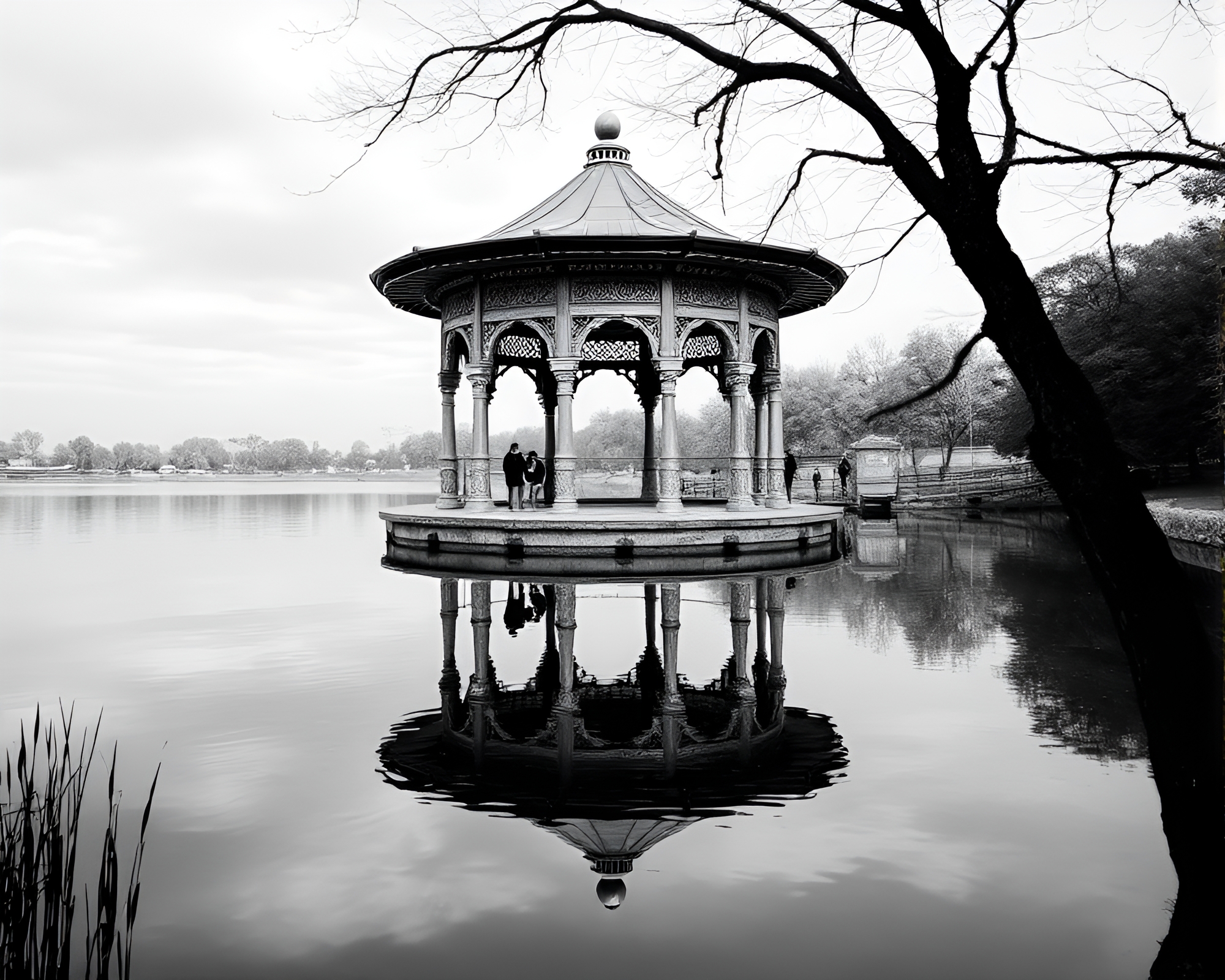 Vibrant Duotone Pavilion in Dreamy Chrome Reflection – free AI stock image
