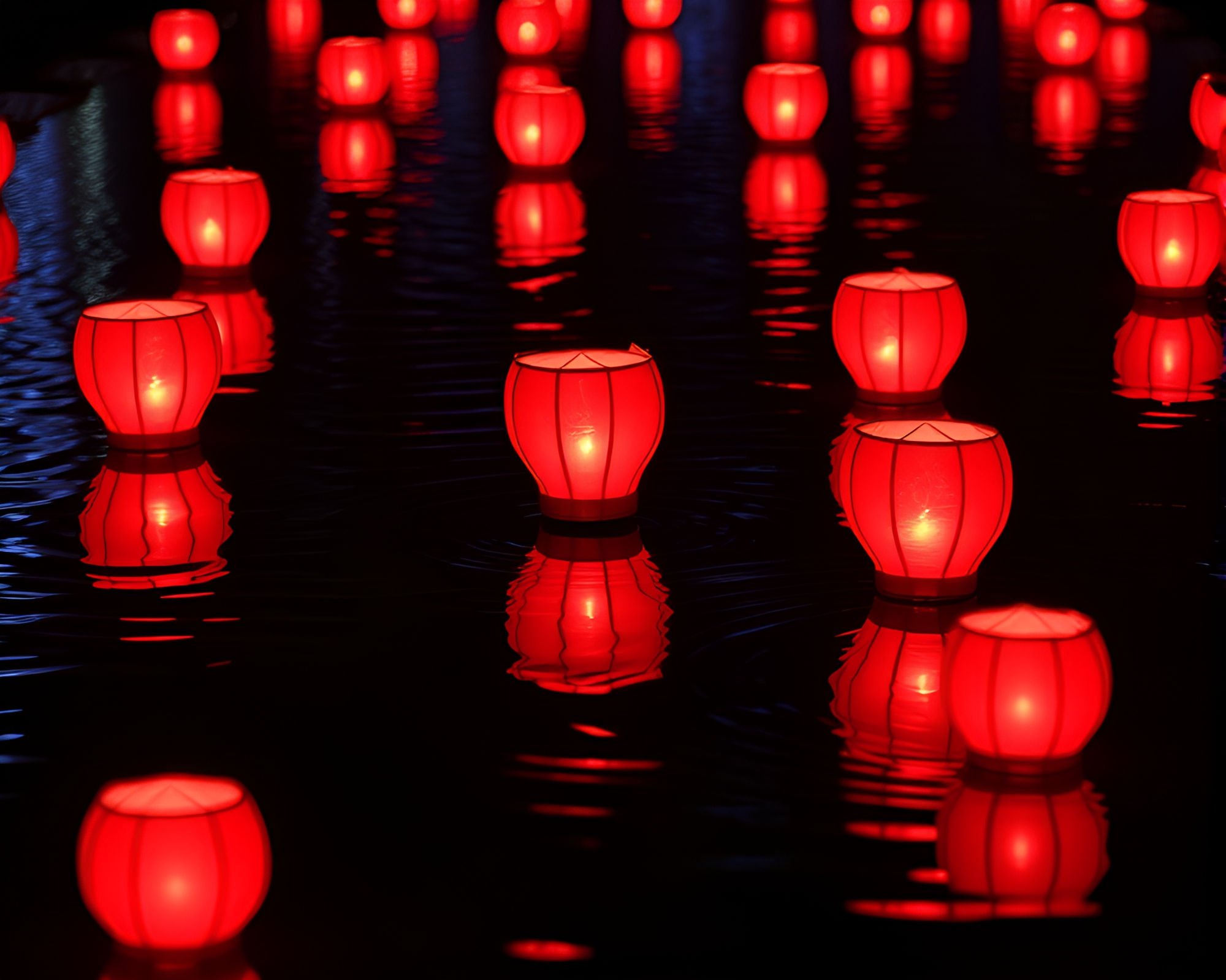 Ruby Red Lanterns Reflecting on Rippling Water – free AI stock image