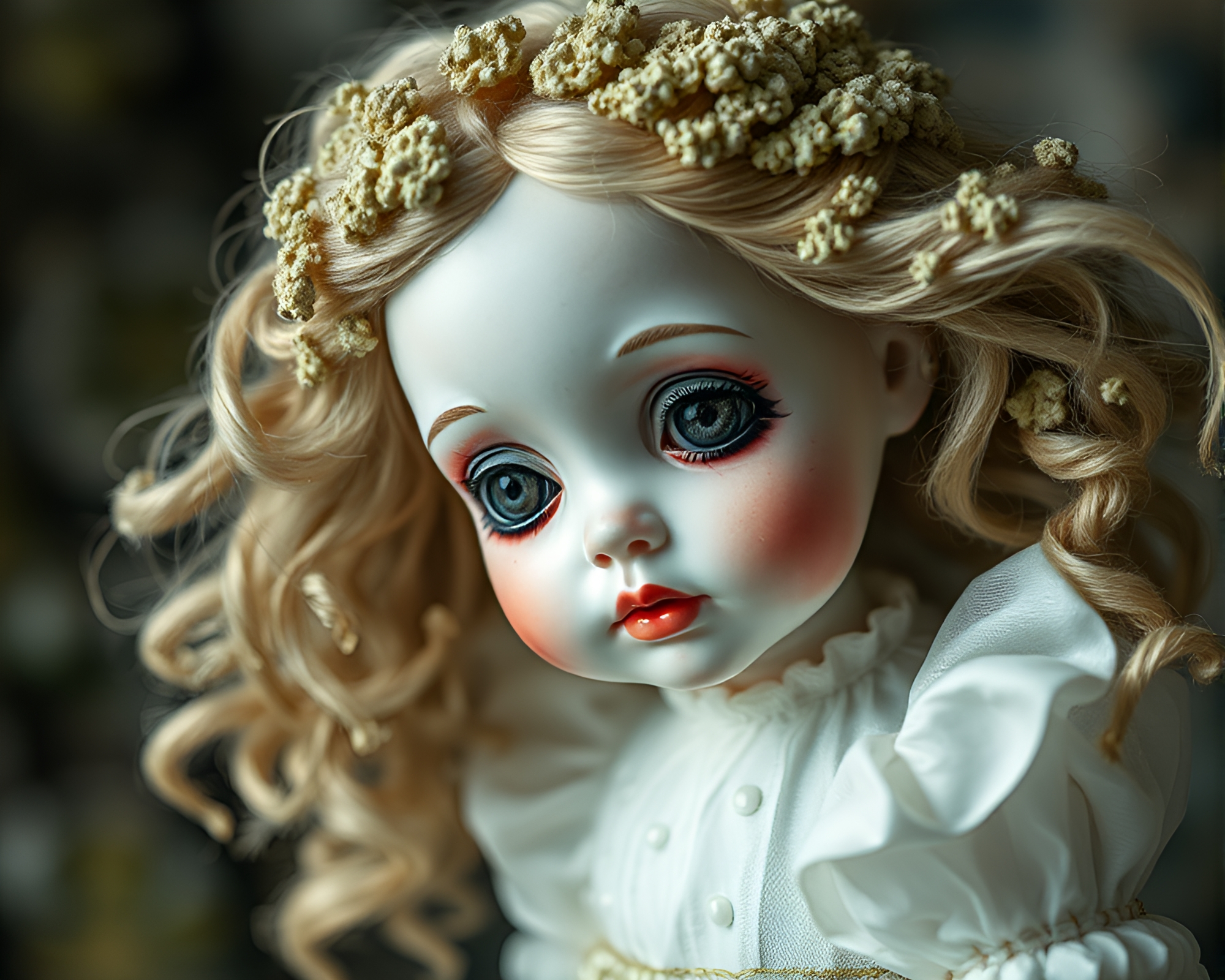 Lichen-Textured Porcelain Doll in Theatrical Watercolor Scene – free AI stock image